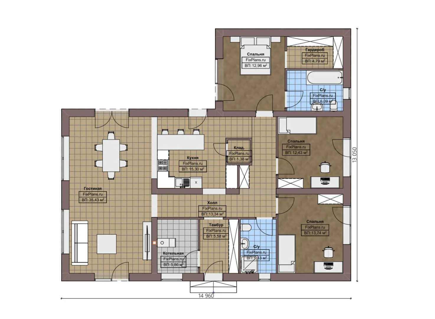 F-3203 - План одноэтажного дома 14 на 15, площадью 140 м² с 3 спальнями