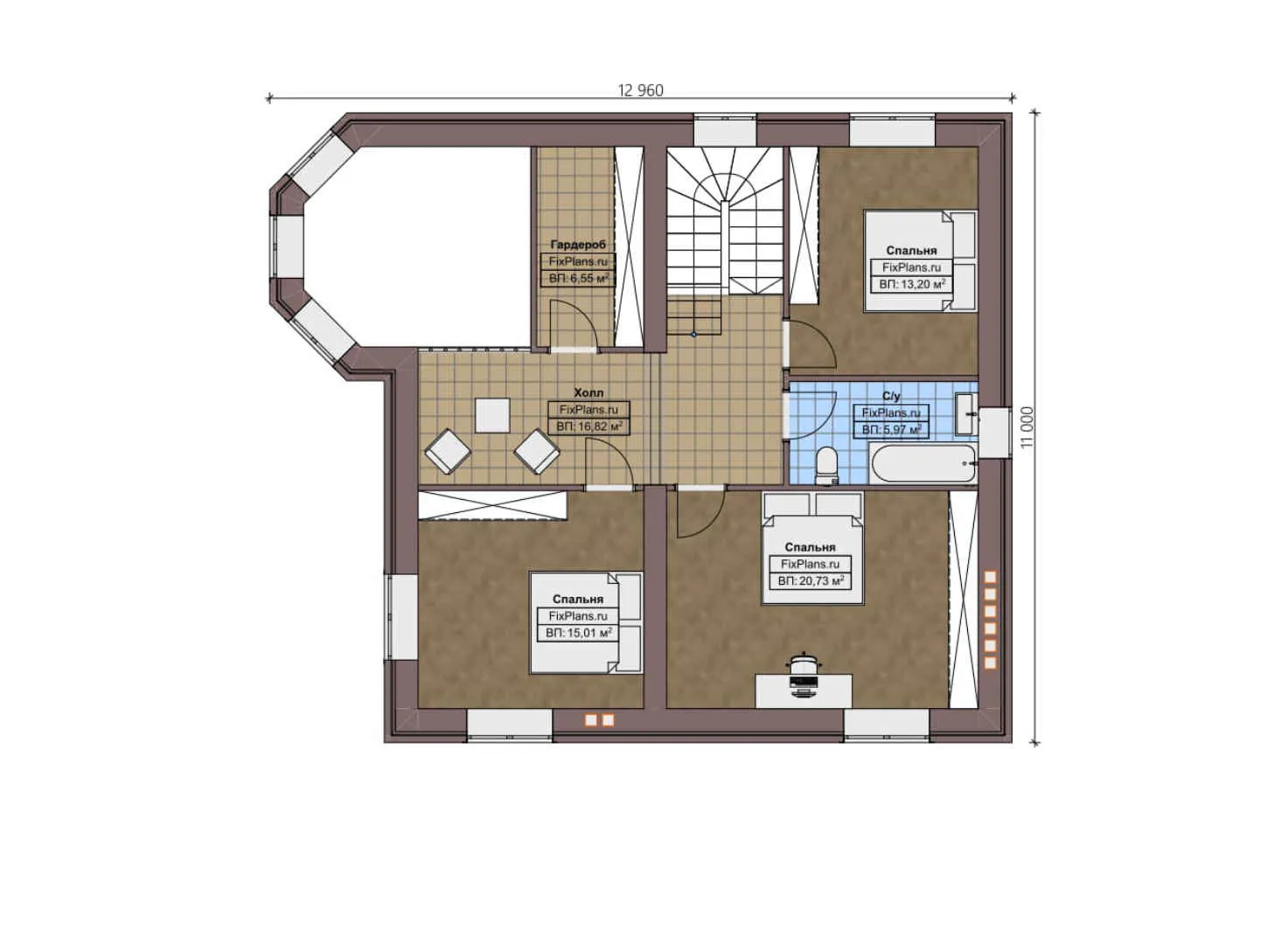 F-4949 - Планы двухэтажного дома 11 на 13, площадью 190 м² с террасой и 3 спальнями