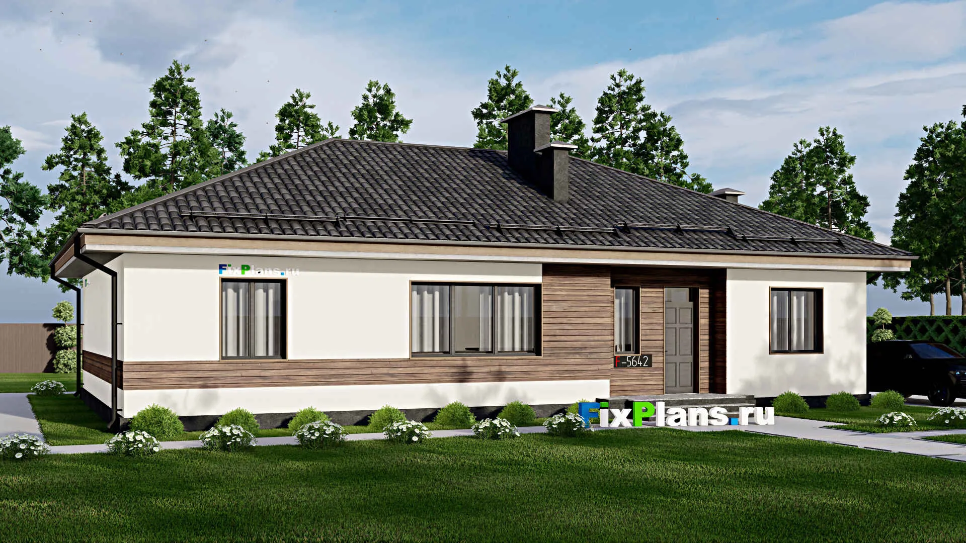 F-5642 - Проект одноэтажного дома 11 на 18, площадью 170 м² с террасой и 5 спальнями