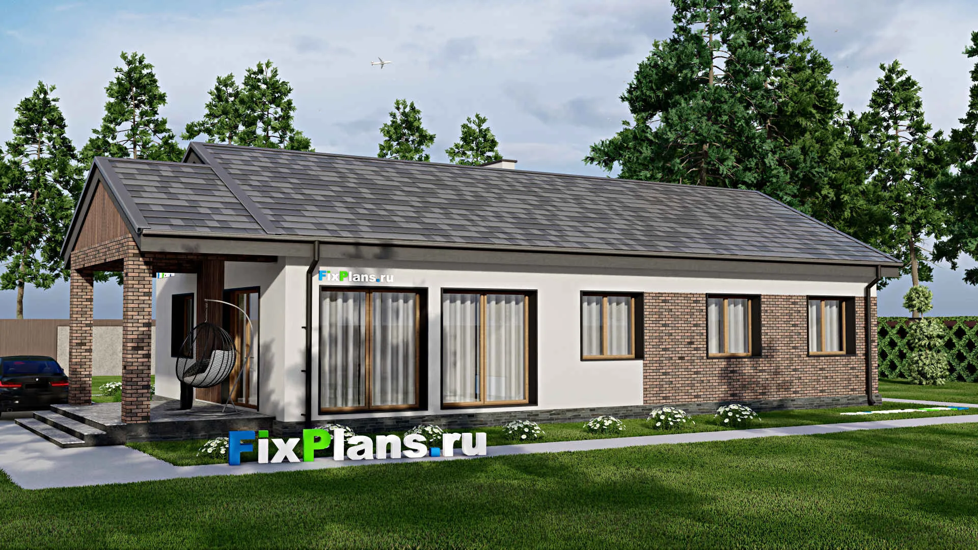 F-8837 - План одноэтажного дома 11 на 19, площадью 140 м² с террасой и 4 спальнями