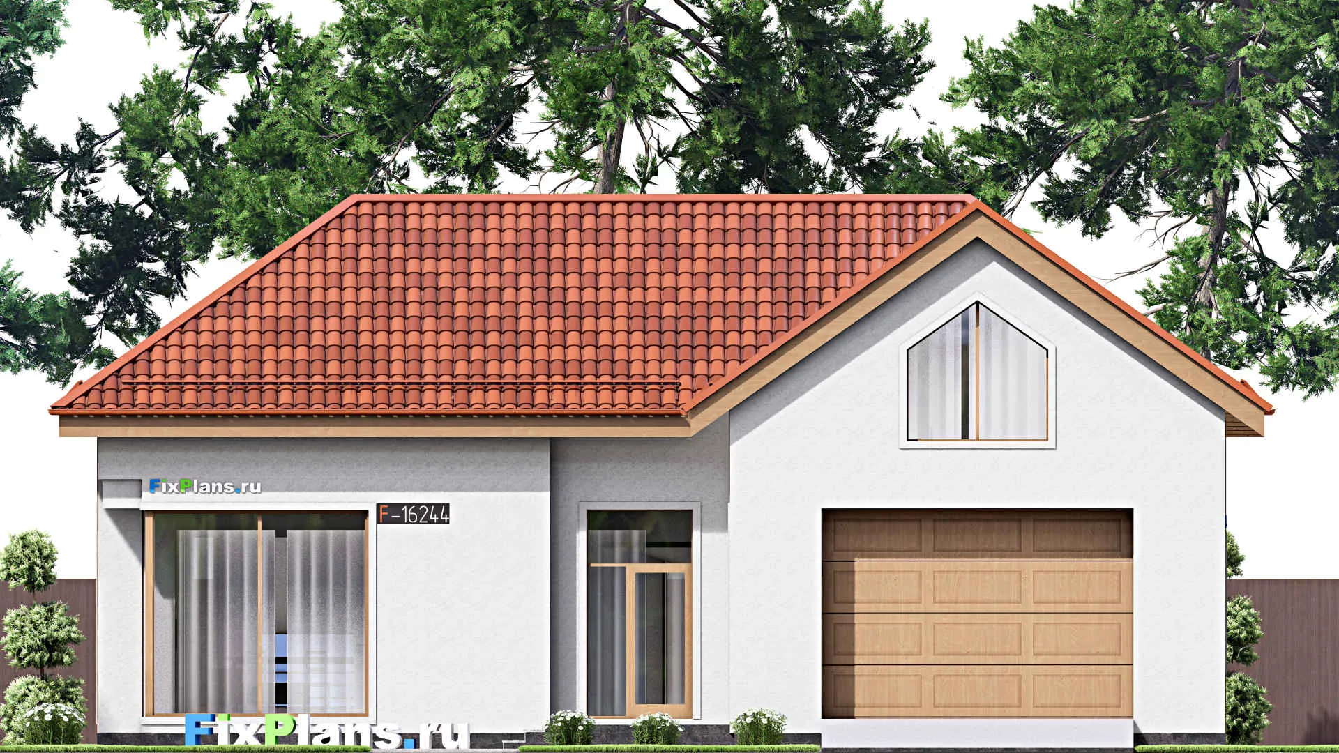 F-16244 - План одноэтажного дома 16 на 18, площадью 320 м² с террасой, гаражом на 1 машину и 3 спальнями