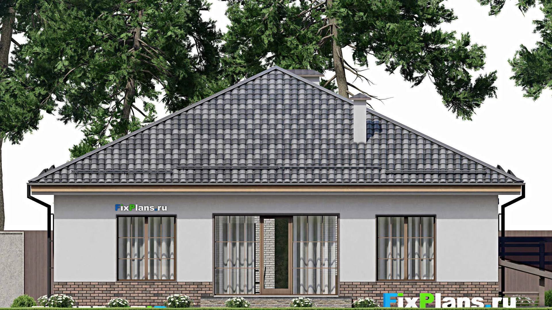 F-8981 - План одноэтажного дома 14 на 16, площадью 210 м² с террасой, цокольным этажом и 4 спальнями