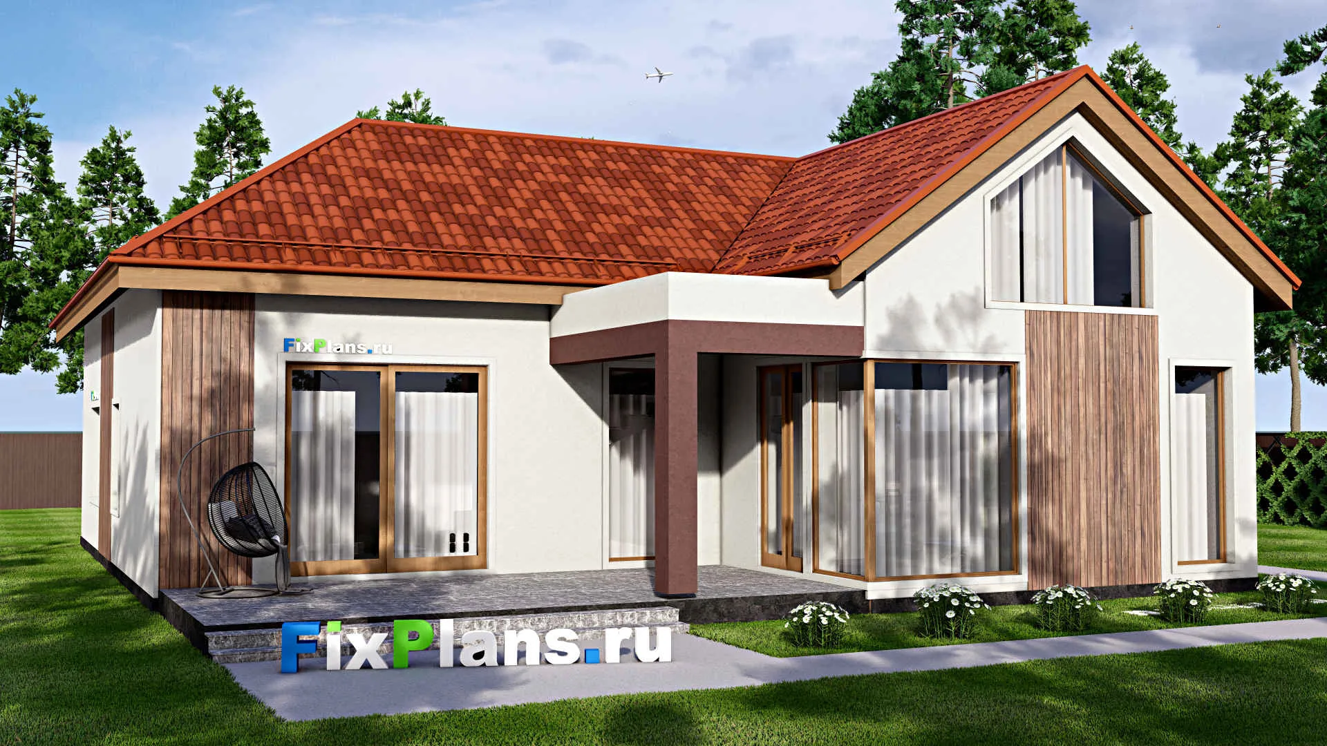 F-16244 - План одноэтажного дома 16 на 18, площадью 320 м² с террасой, гаражом на 1 машину и 3 спальнями