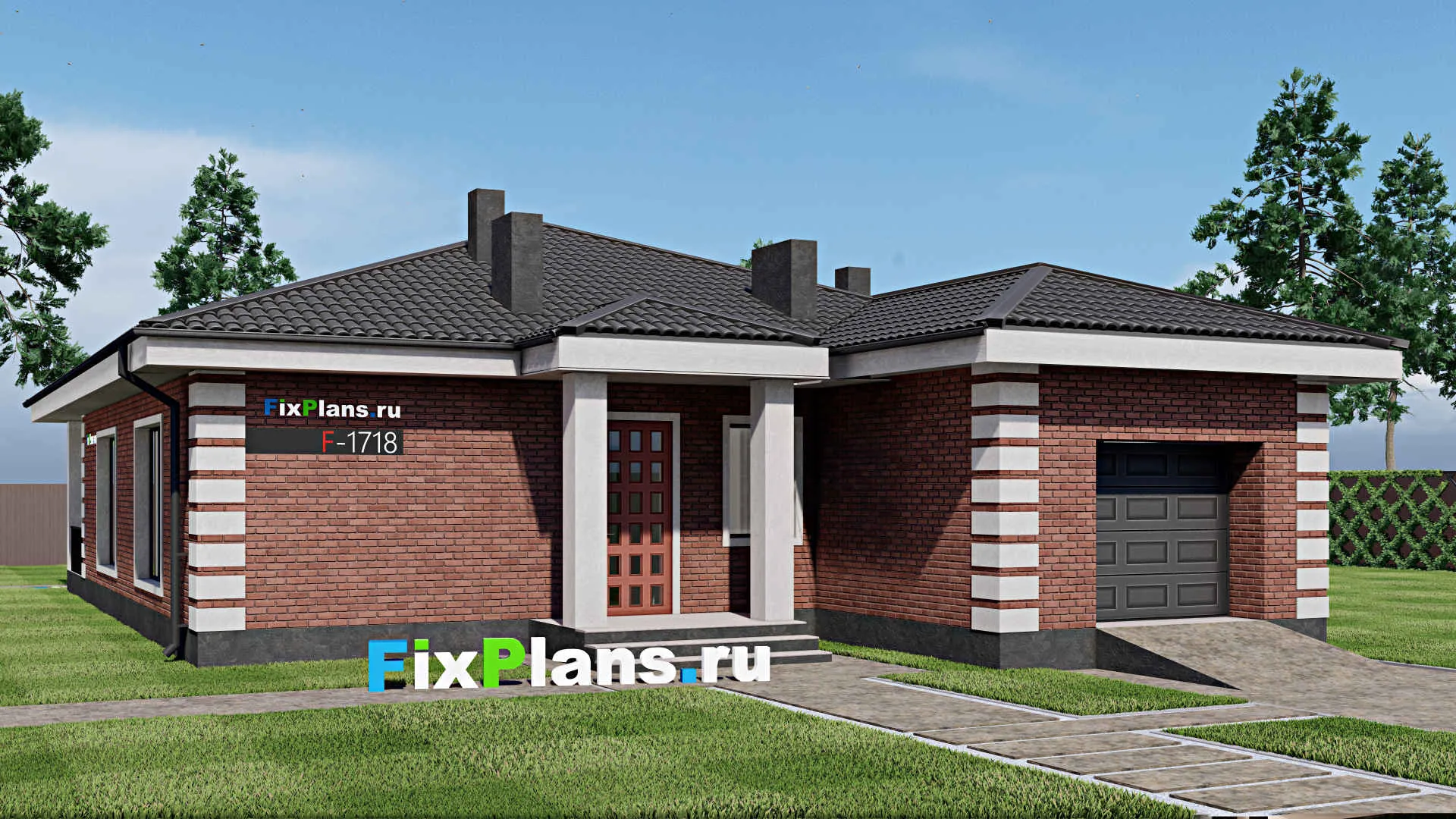 F-1718 - Проект одноэтажного дома 13 на 17, площадью 160 м² с террасой, гаражом на 1 машину и 2 спальнями