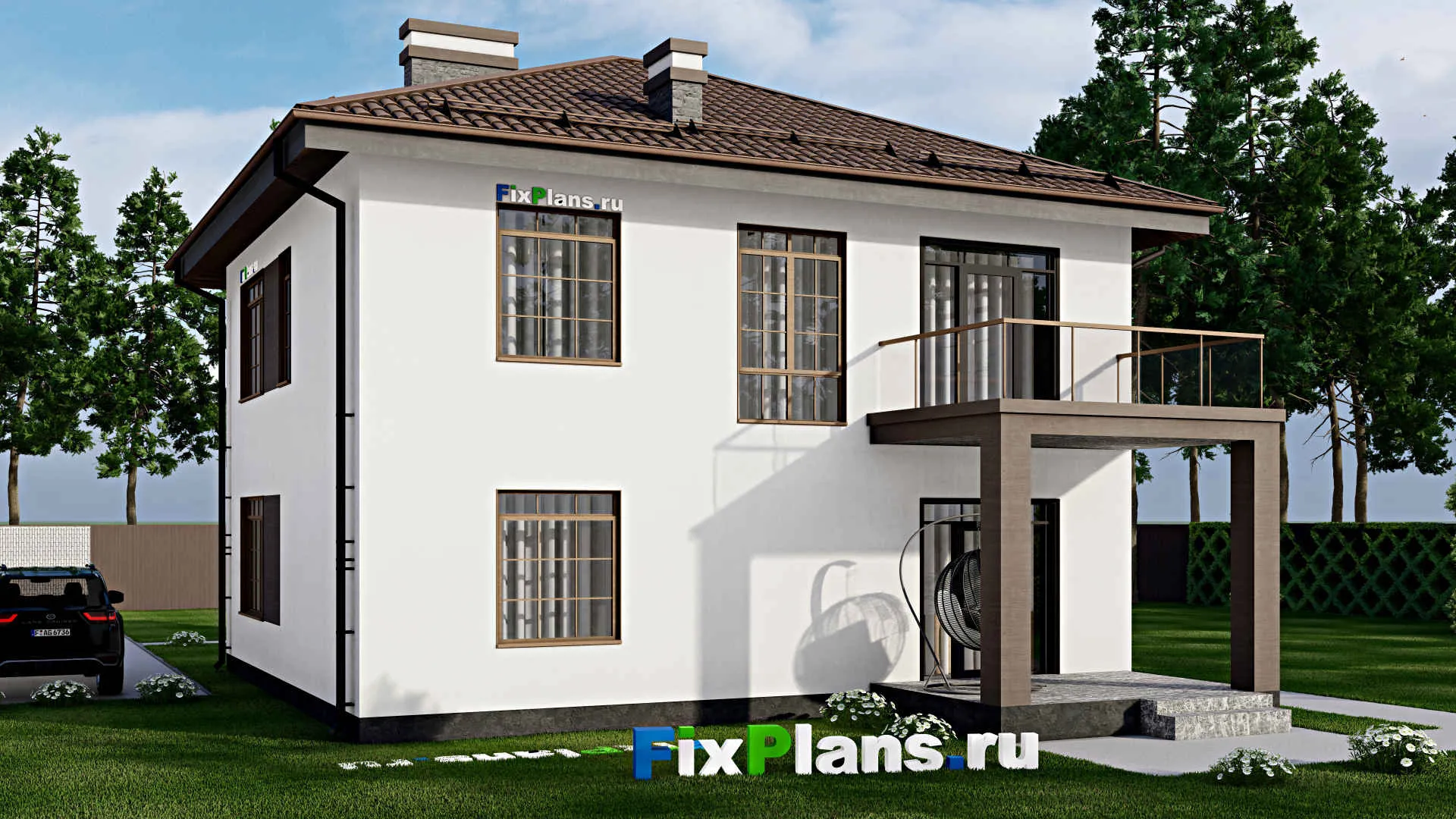 F-5624 - Планы двухэтажного дома 11 на 14, площадью 200 м² с террасой, балконом и 4 спальнями