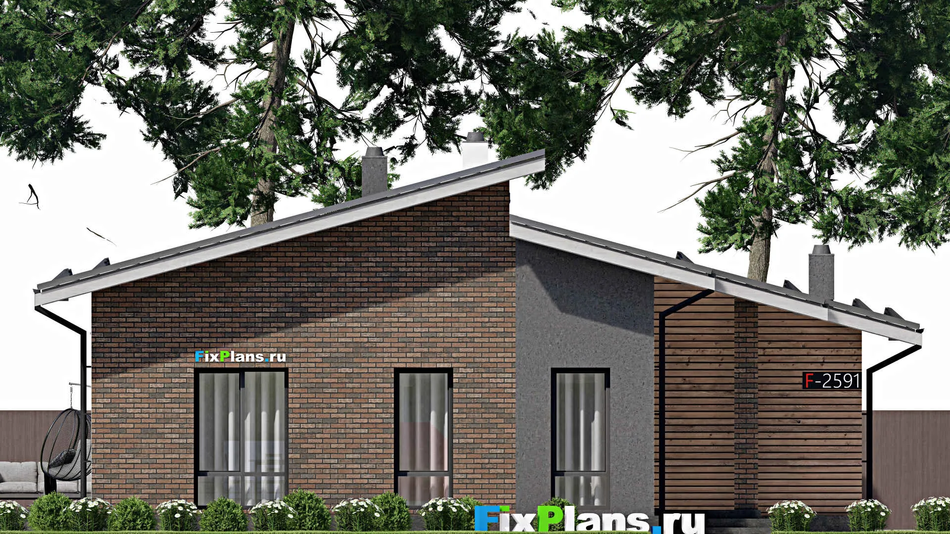 F-2591 - План одноэтажного дома 13 на 15, площадью 160 м² с террасой и 3 спальнями