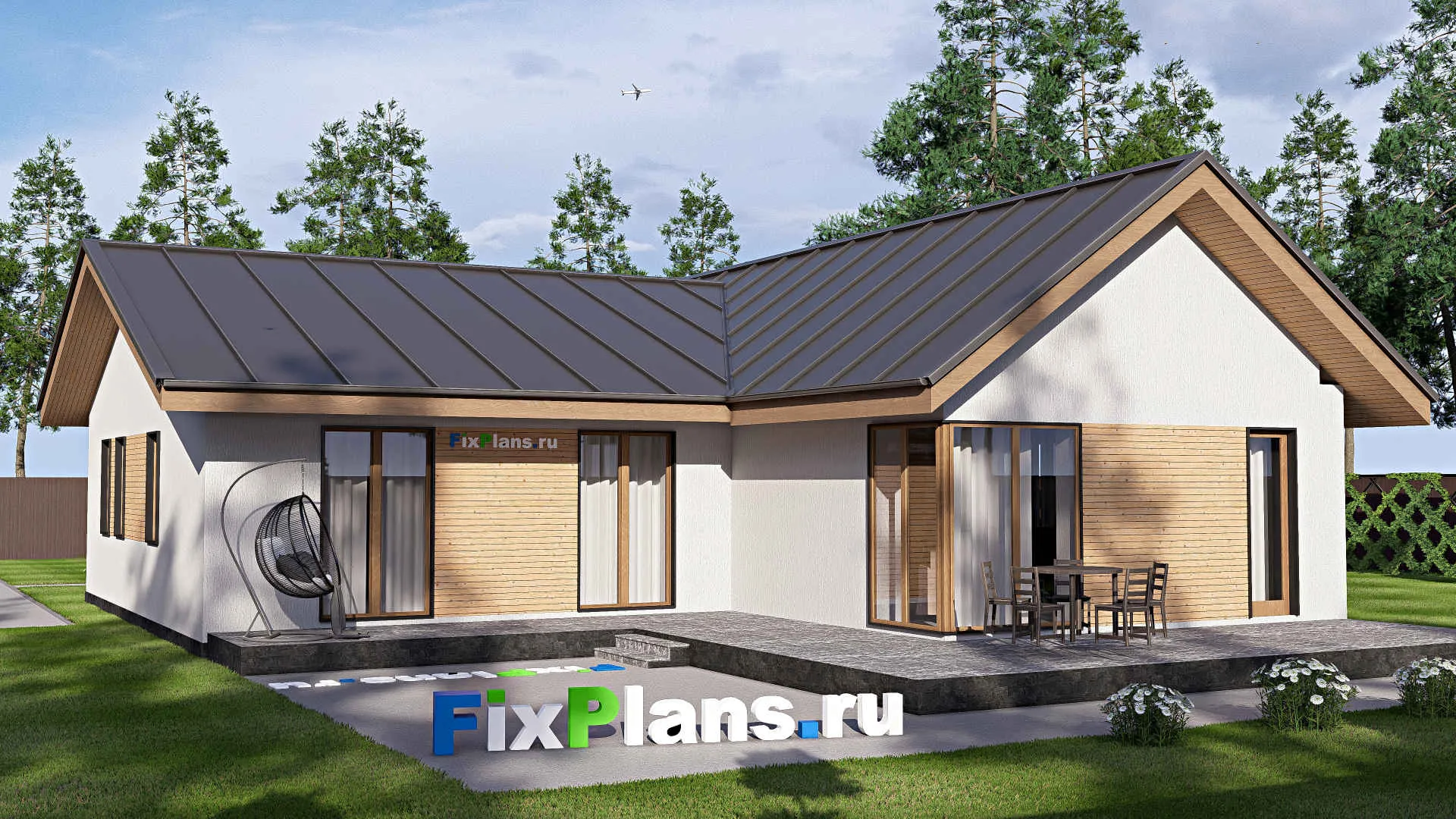 F-19889 - План одноэтажного дома 15 на 19, площадью 210 м² с террасой и 3 спальнями