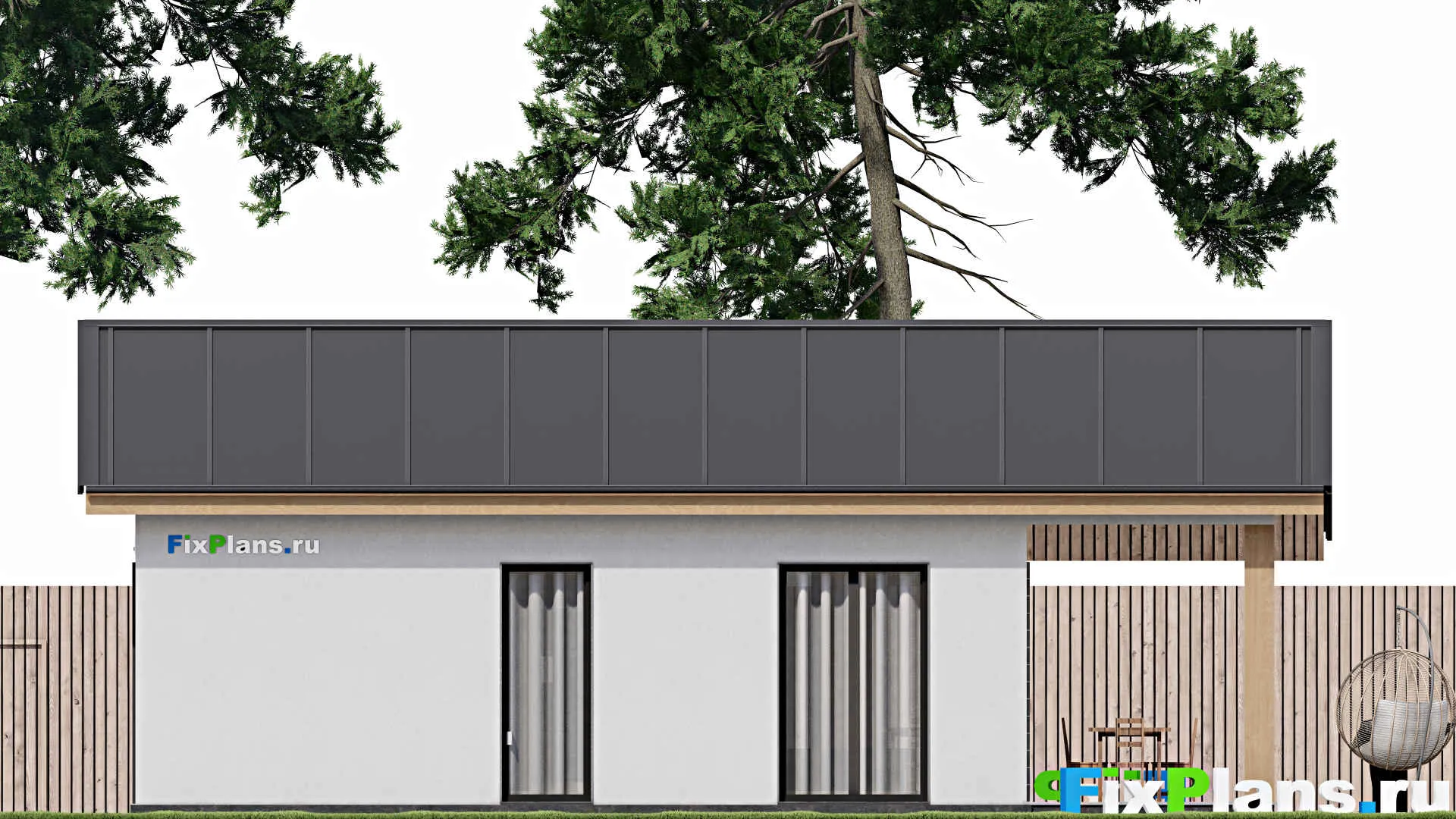 F-1133 - Проект одноэтажного дома 6 на 12, площадью 70 м² с террасой и 2 спальнями