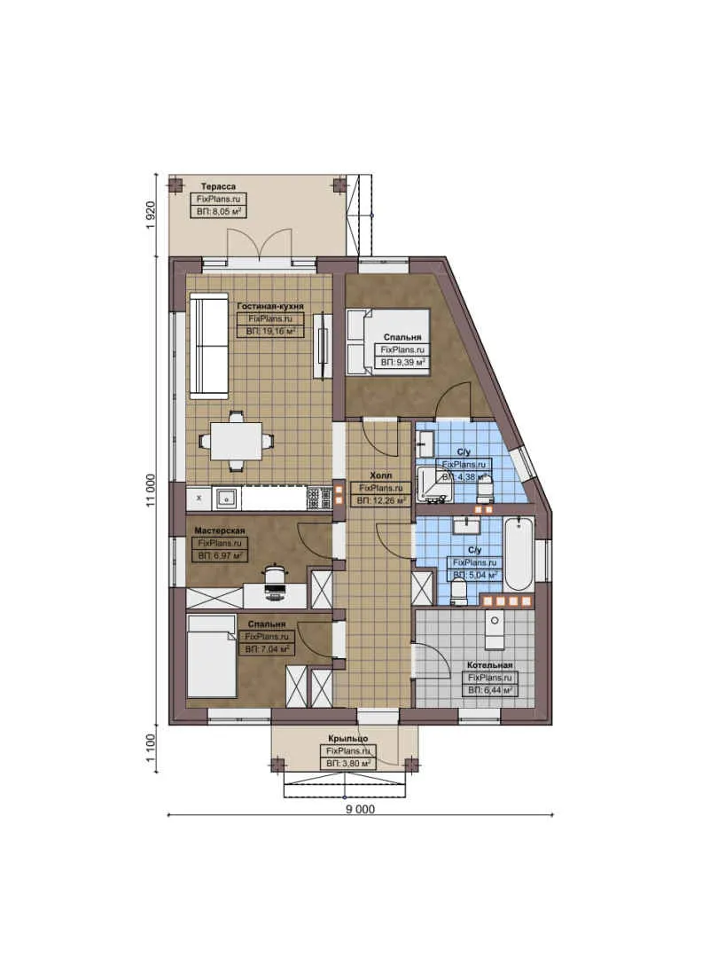 F-6569 - План одноэтажного дома 9 на 11, площадью 90 м² с террасой и 2 спальнями