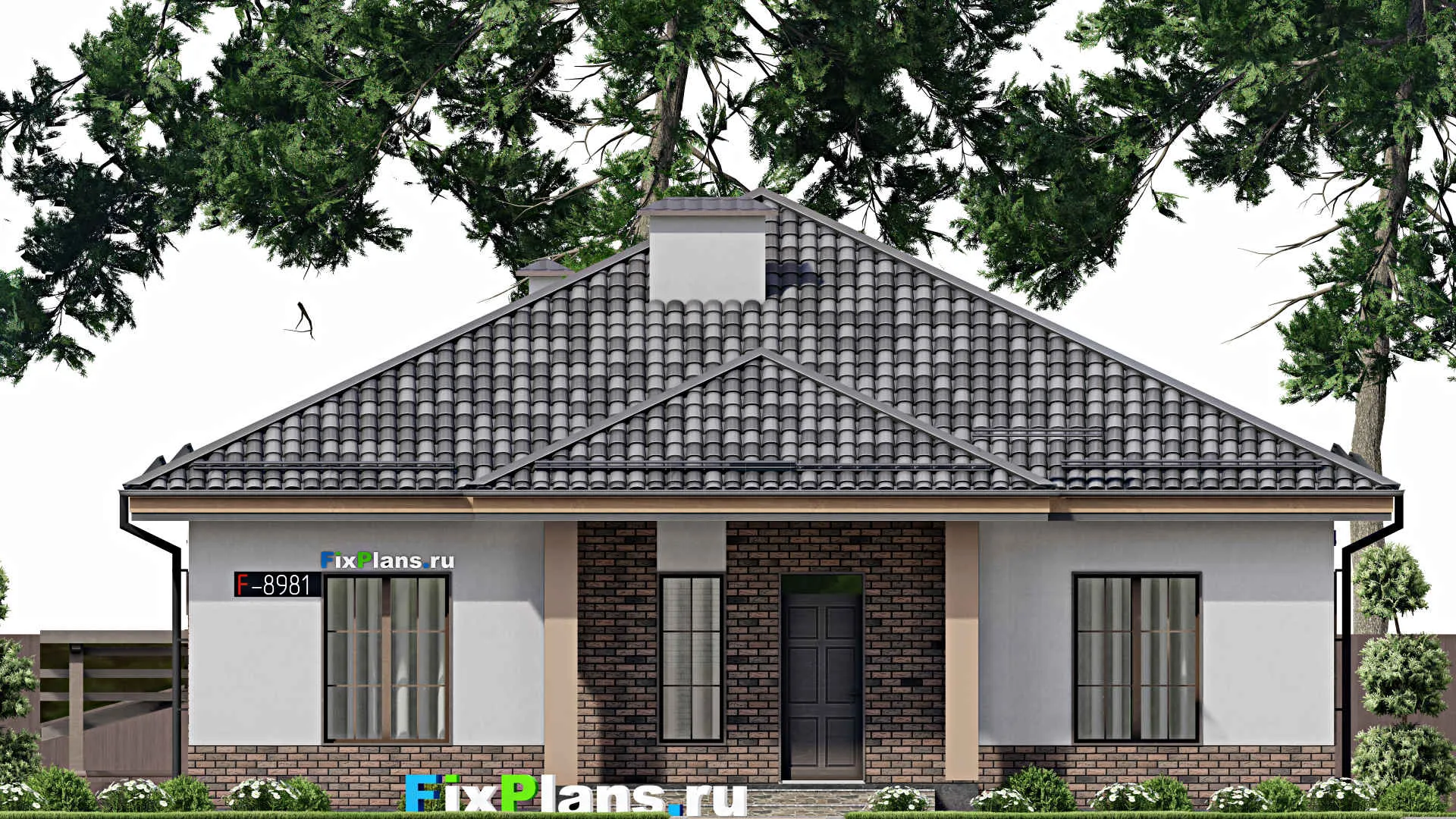 F-8981 - План одноэтажного дома 14 на 16, площадью 210 м² с террасой, цокольным этажом и 4 спальнями