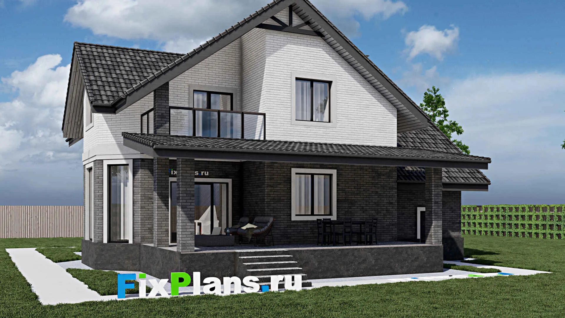 F-1385 - Планы дома с мансардой 12 на 15, площадью 330 м² с террасой, балконом, цокольным этажом, гаражом на 1 машину, спортзалом и 4 спальнями