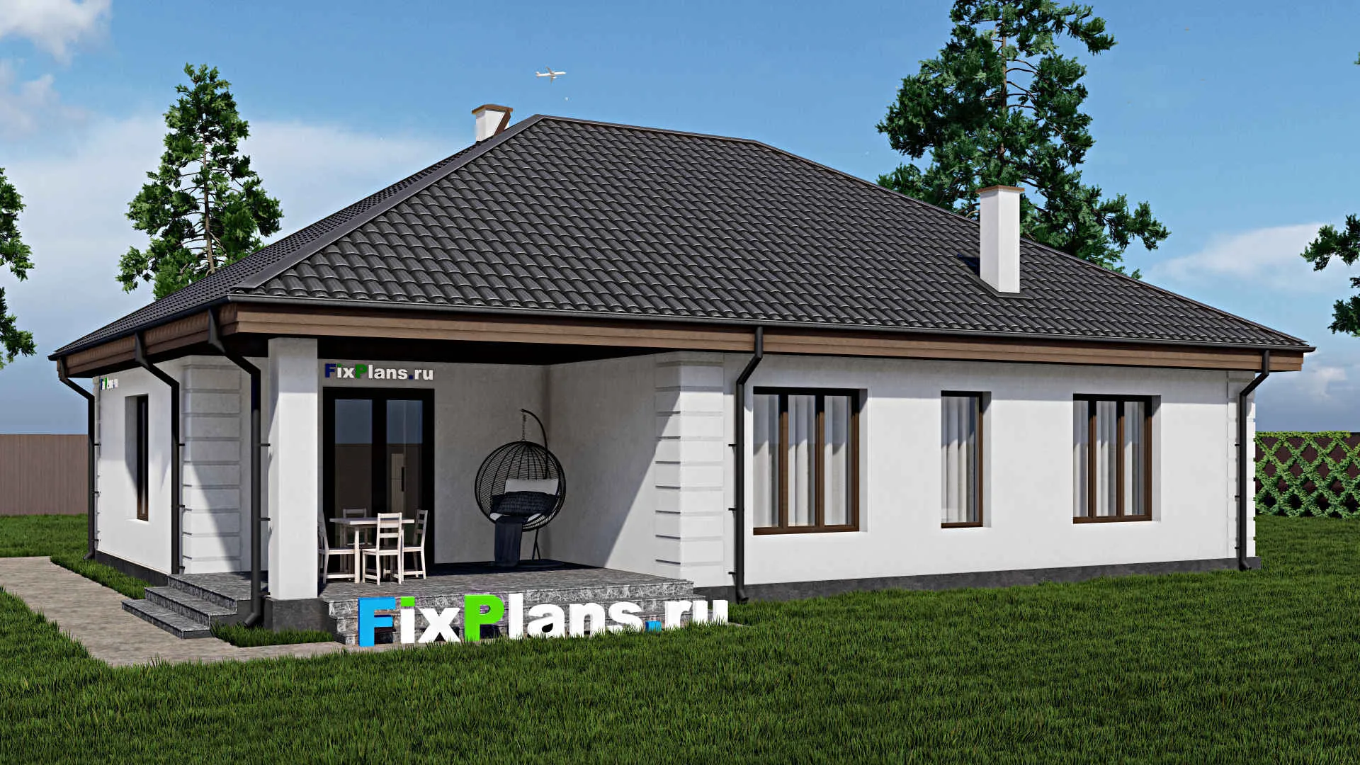 F-1673 - Проект одноэтажного дома 16 на 18, площадью 190 м² с террасой, гаражом на 1 машину и 3 спальнями