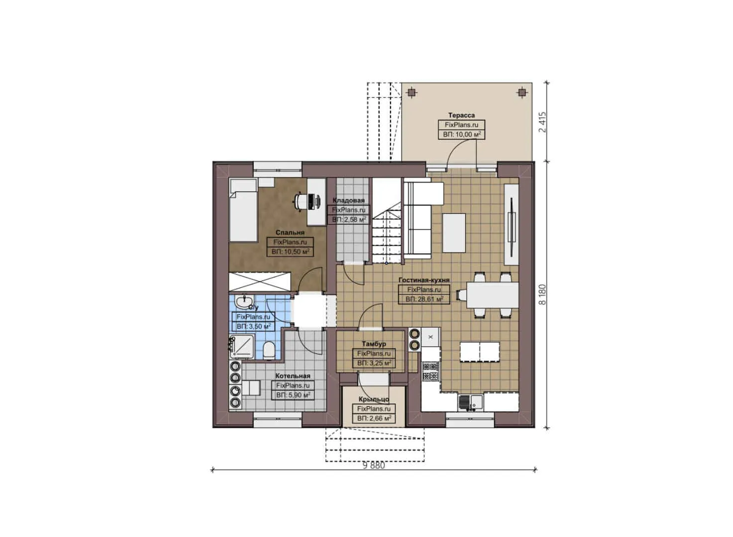 F-2609 - Планы дома с мансардой 9 на 10, площадью 130 м² с террасой и 3 спальнями