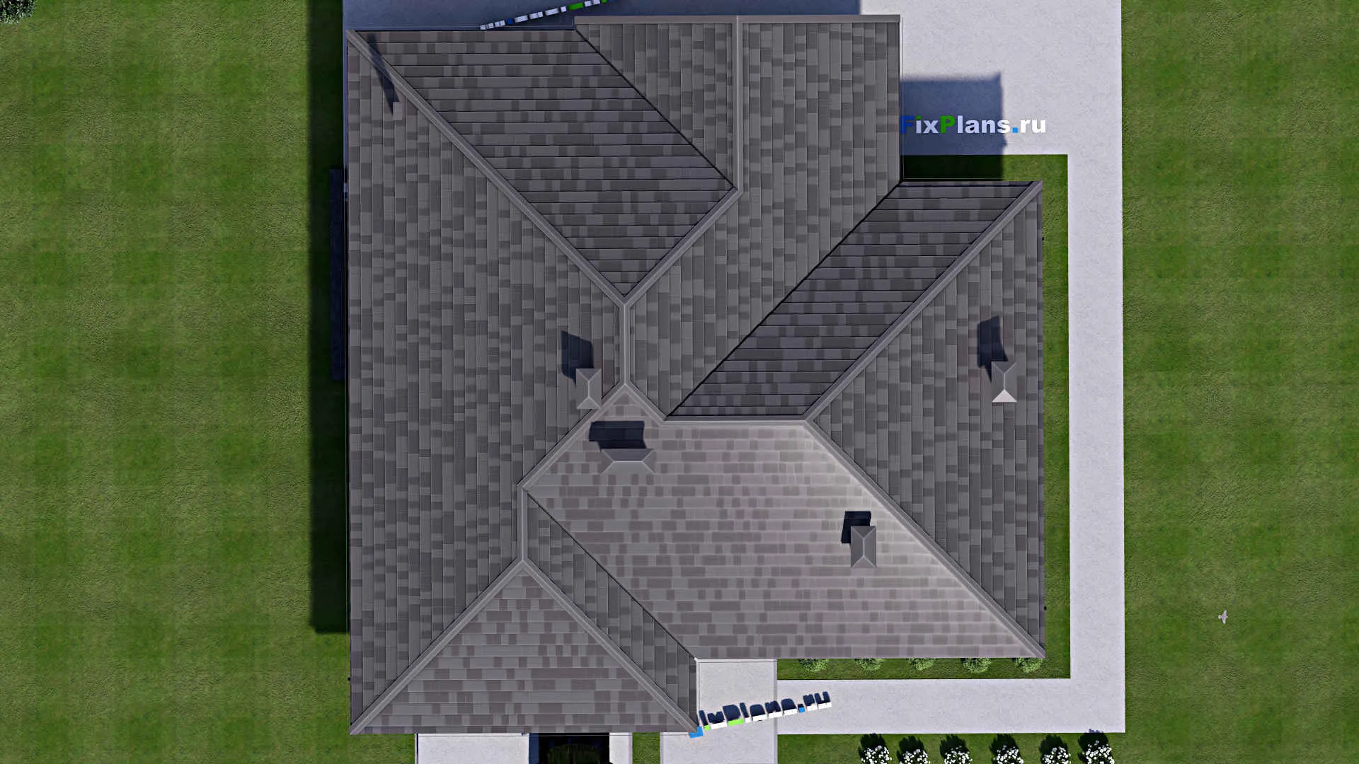 F-12905 - Проект одноэтажного дома 18 на 18, площадью 290 м² с террасой, цокольным этажом, гаражом на 2 машины и 3 спальнями