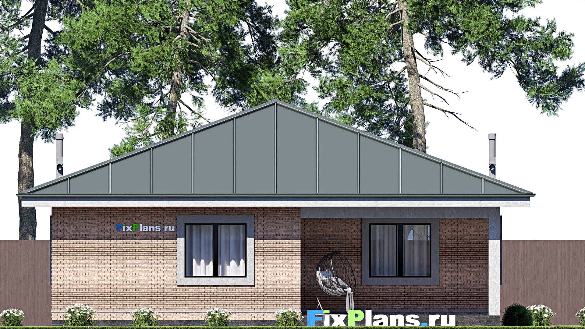 F-20213 - План одноэтажного дома 12 на 21, площадью 200 м² с террасой, гаражом на 2 машины и 3 спальнями