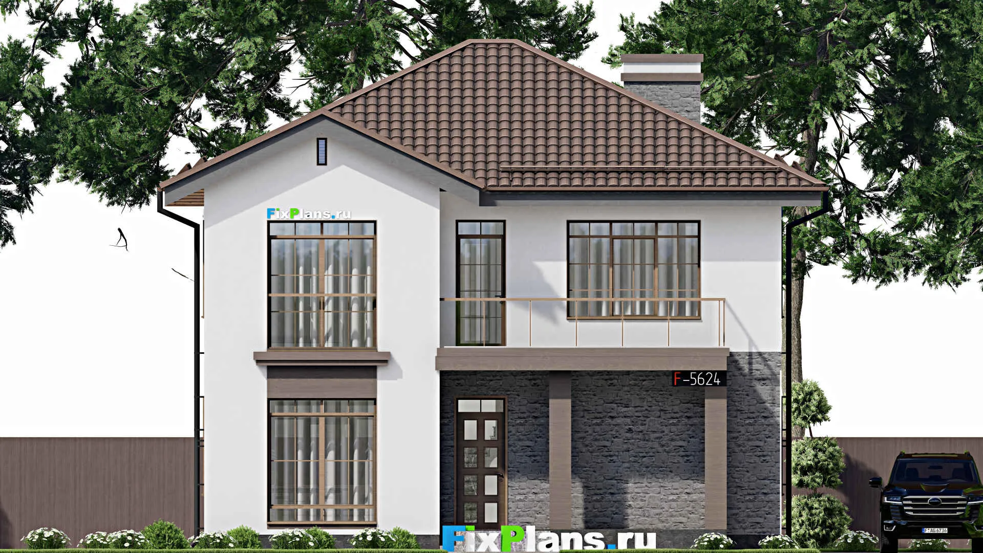 F-5624 - Планы двухэтажного дома 11 на 14, площадью 200 м² с террасой, балконом и 4 спальнями