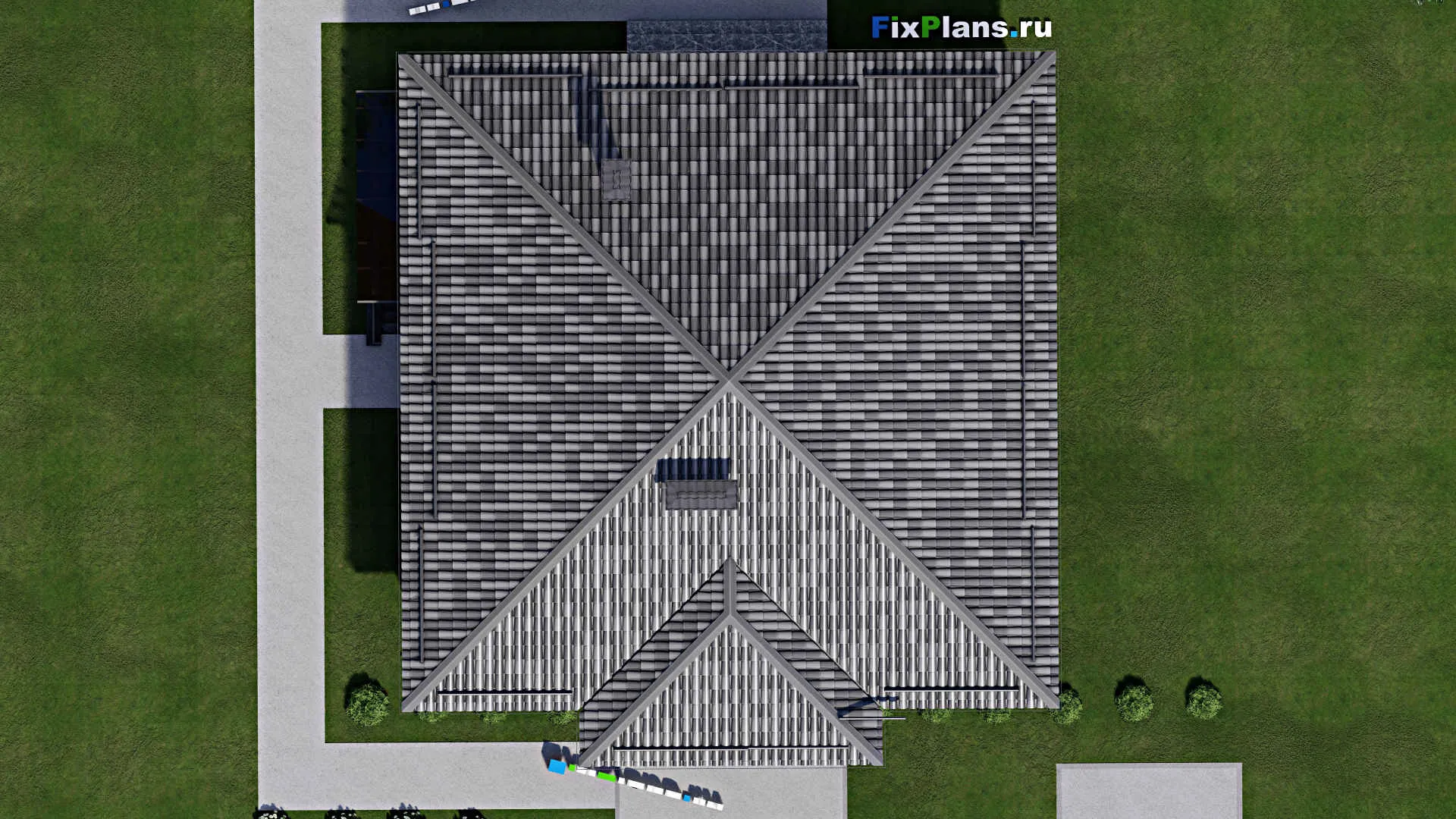 F-8981 - План одноэтажного дома 14 на 16, площадью 210 м² с террасой, цокольным этажом и 4 спальнями