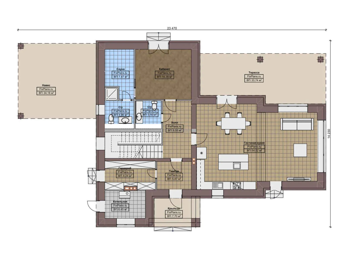 F-10826 - Планы двухэтажного дома 15 на 24, площадью 300 м² с террасой, баней и 3 спальнями