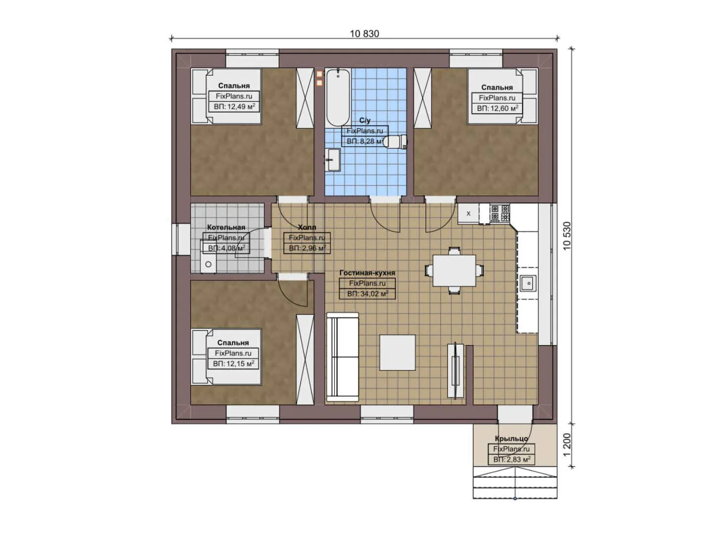 F-6011 - План одноэтажного дома 11 на 11, площадью 90 м² с 3 спальнями