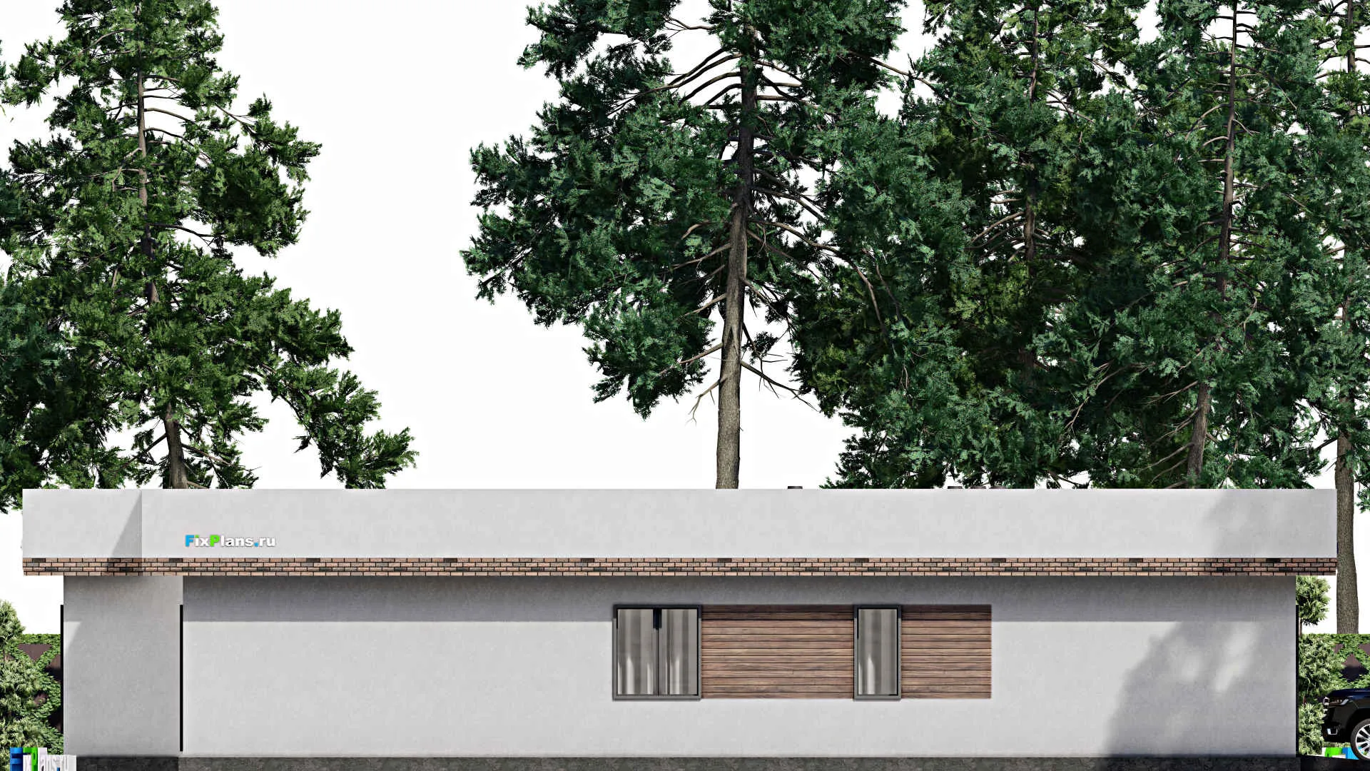 F-8333 - Проект одноэтажного дома 22 на 25, площадью 300 м² с террасой, баней, гаражом на 2 машины и 2 спальнями