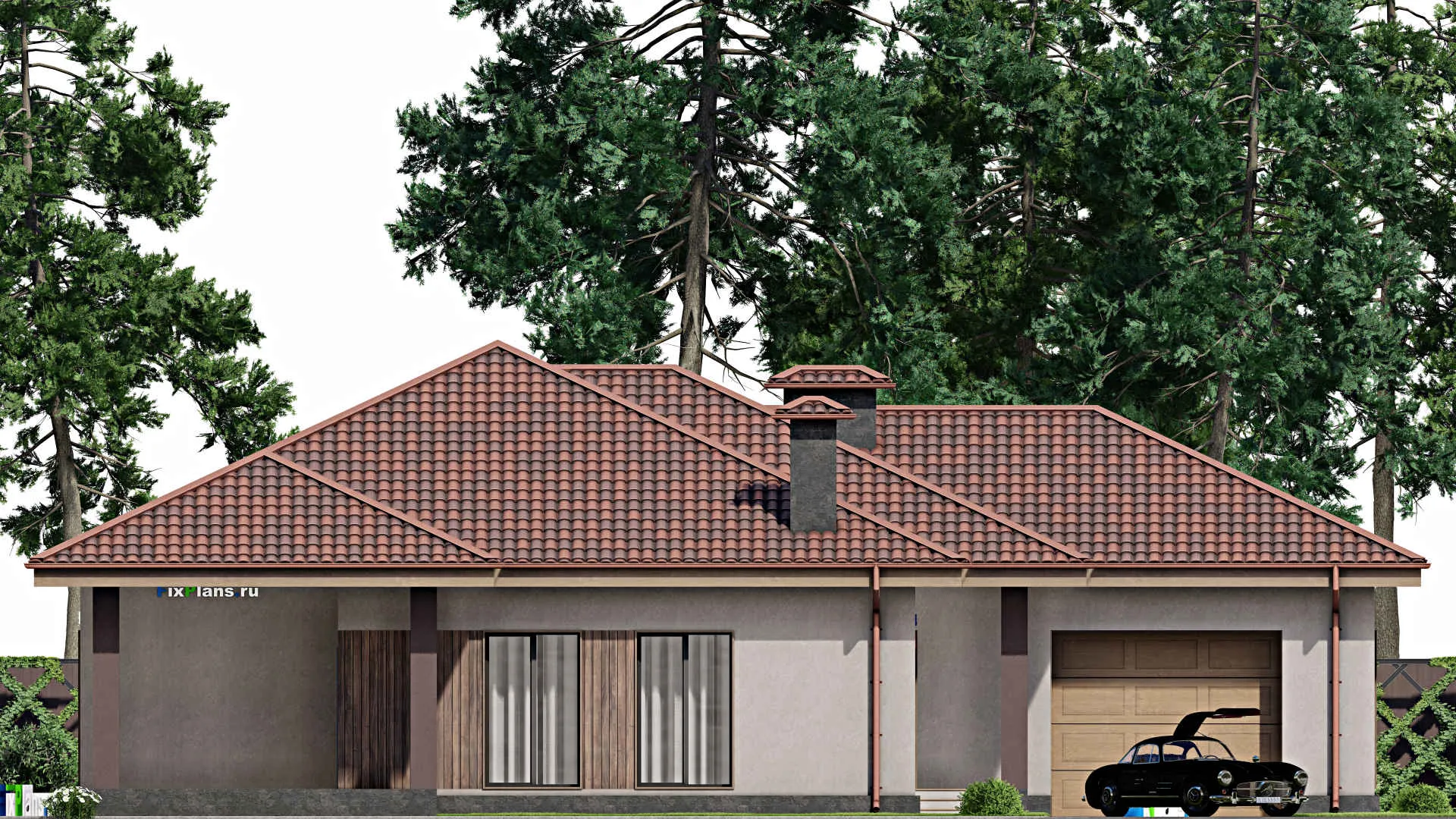 F-8261 - Проект одноэтажного дома 19 на 20, площадью 230 м² с террасой, гаражом на 2 машины и 3 спальнями