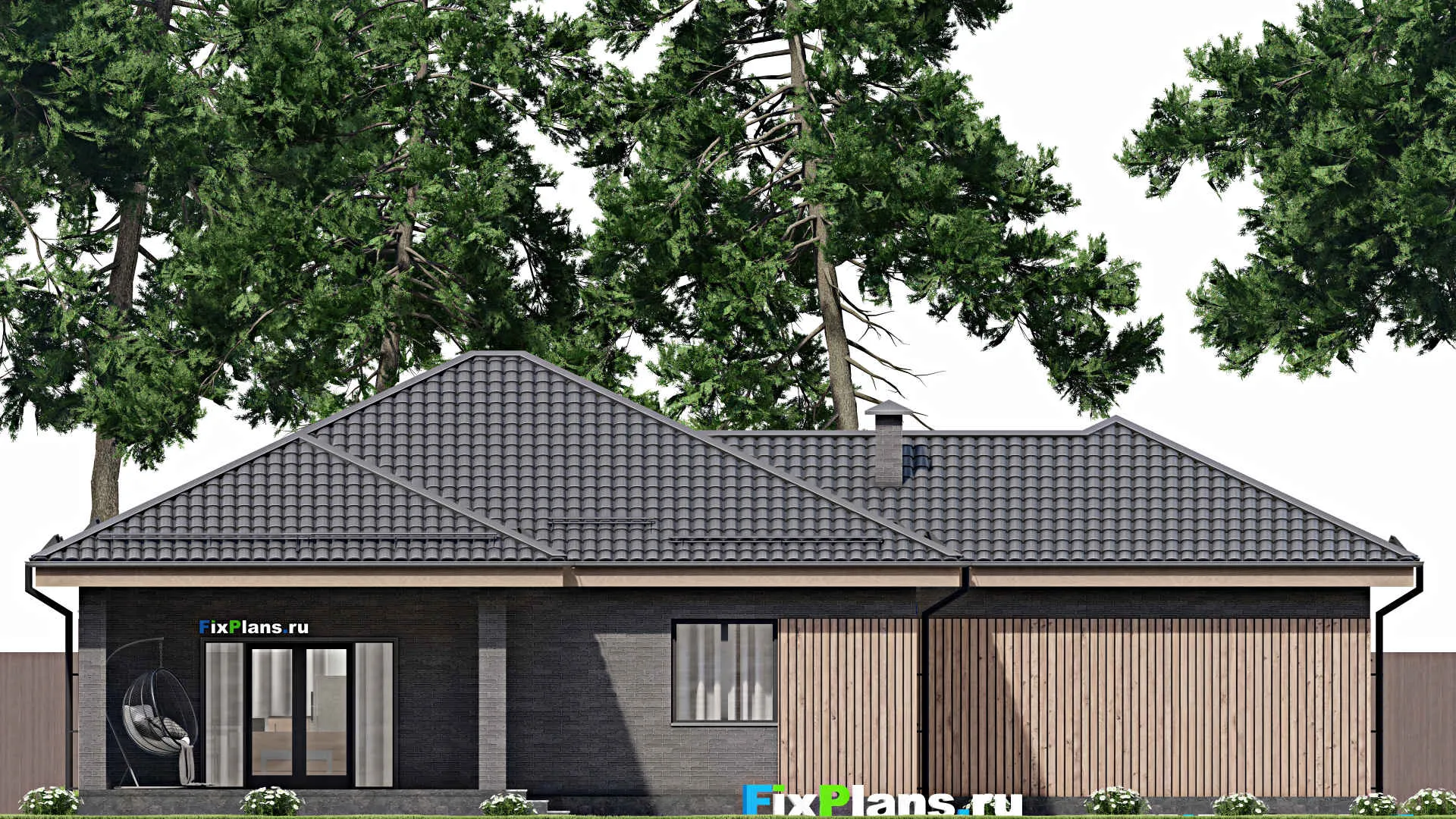 F-3707 - Проект одноэтажного дома 14 на 19, площадью 170 м² с террасой, гаражом на 2 машины и 2 спальнями