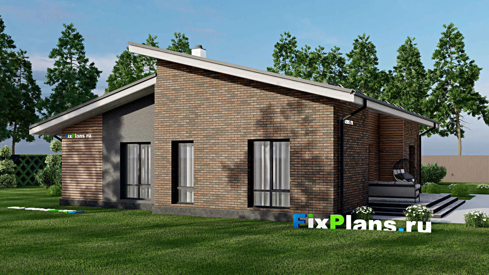 F-2591 - План одноэтажного дома 13 на 15, площадью 160 м² с террасой и 3 спальнями