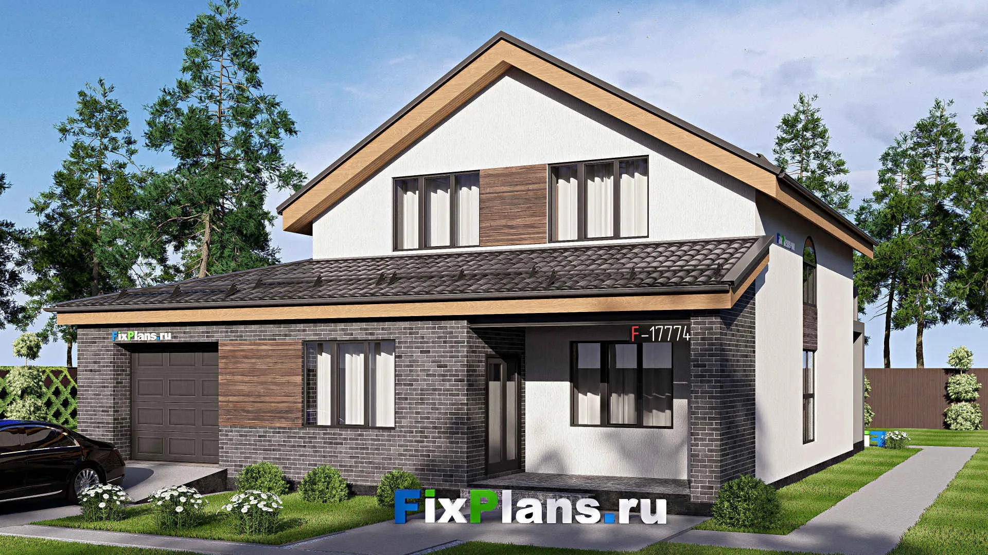 F-17774 - Проект дома с мансардой 14 на 16, площадью 270 м² с террасой, балконом, гаражом на 1 машину и 4 спальнями