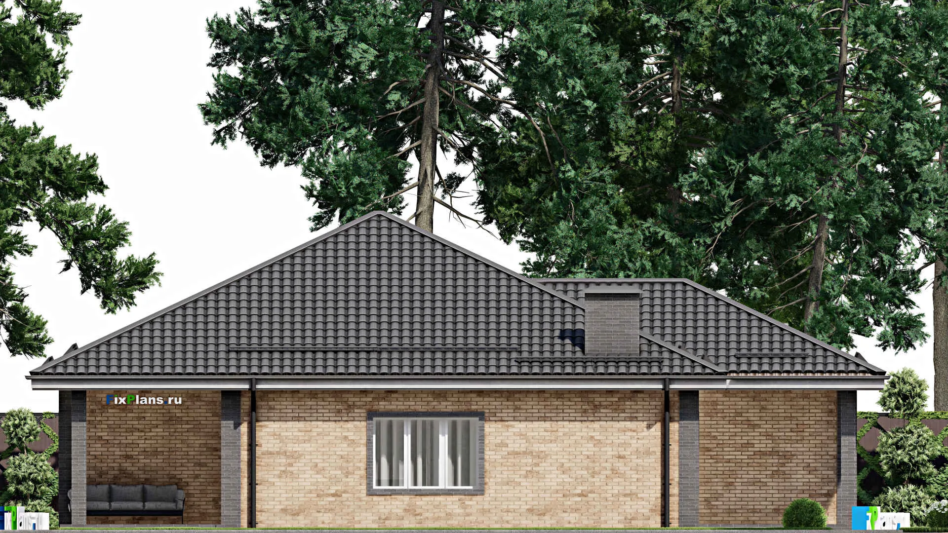 F-4031 - Проект одноэтажного дома 13 на 17, площадью 160 м² с террасой, гаражом на 1 машину и 3 спальнями