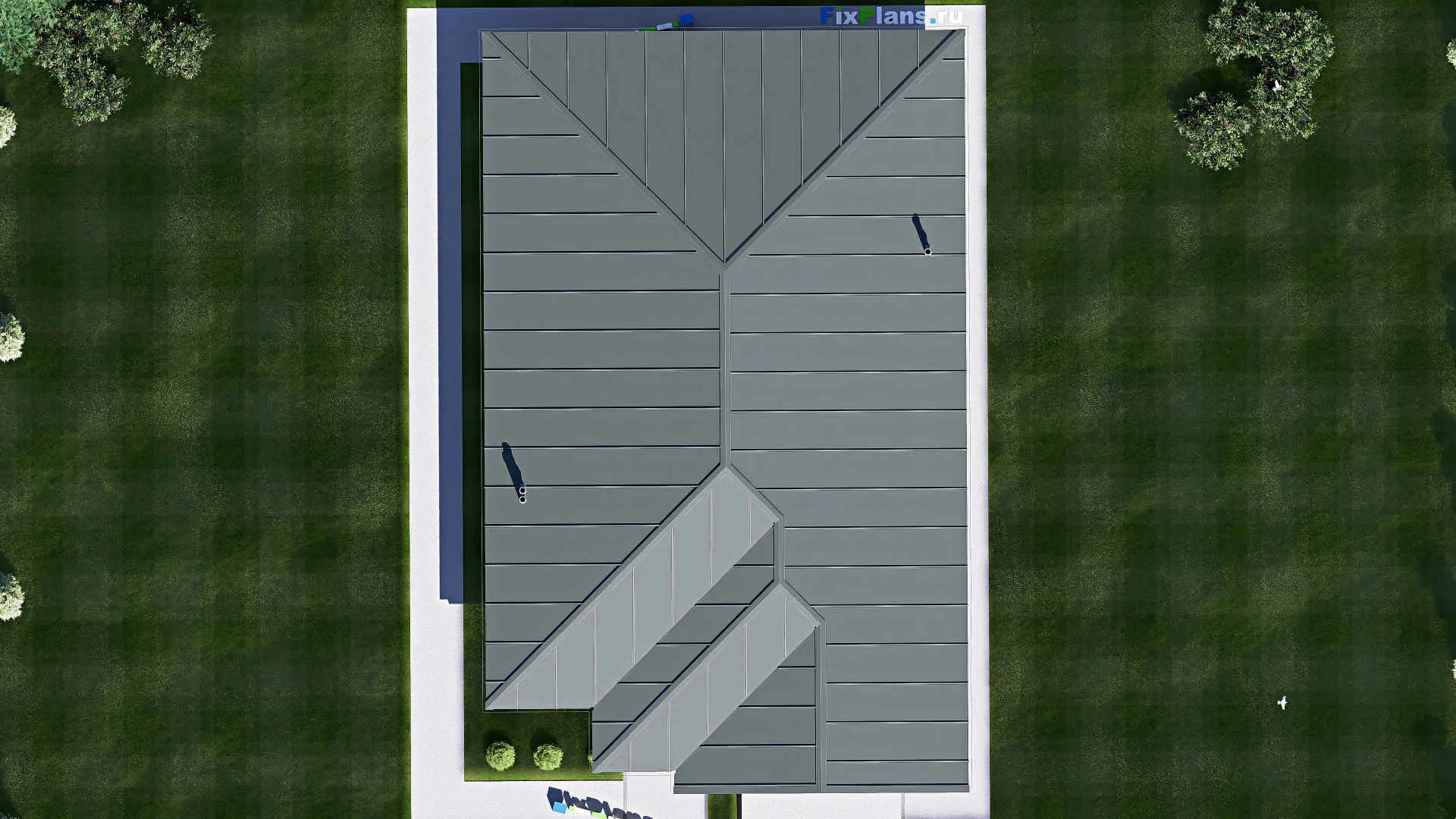 F-20213 - План одноэтажного дома 12 на 21, площадью 200 м² с террасой, гаражом на 2 машины и 3 спальнями