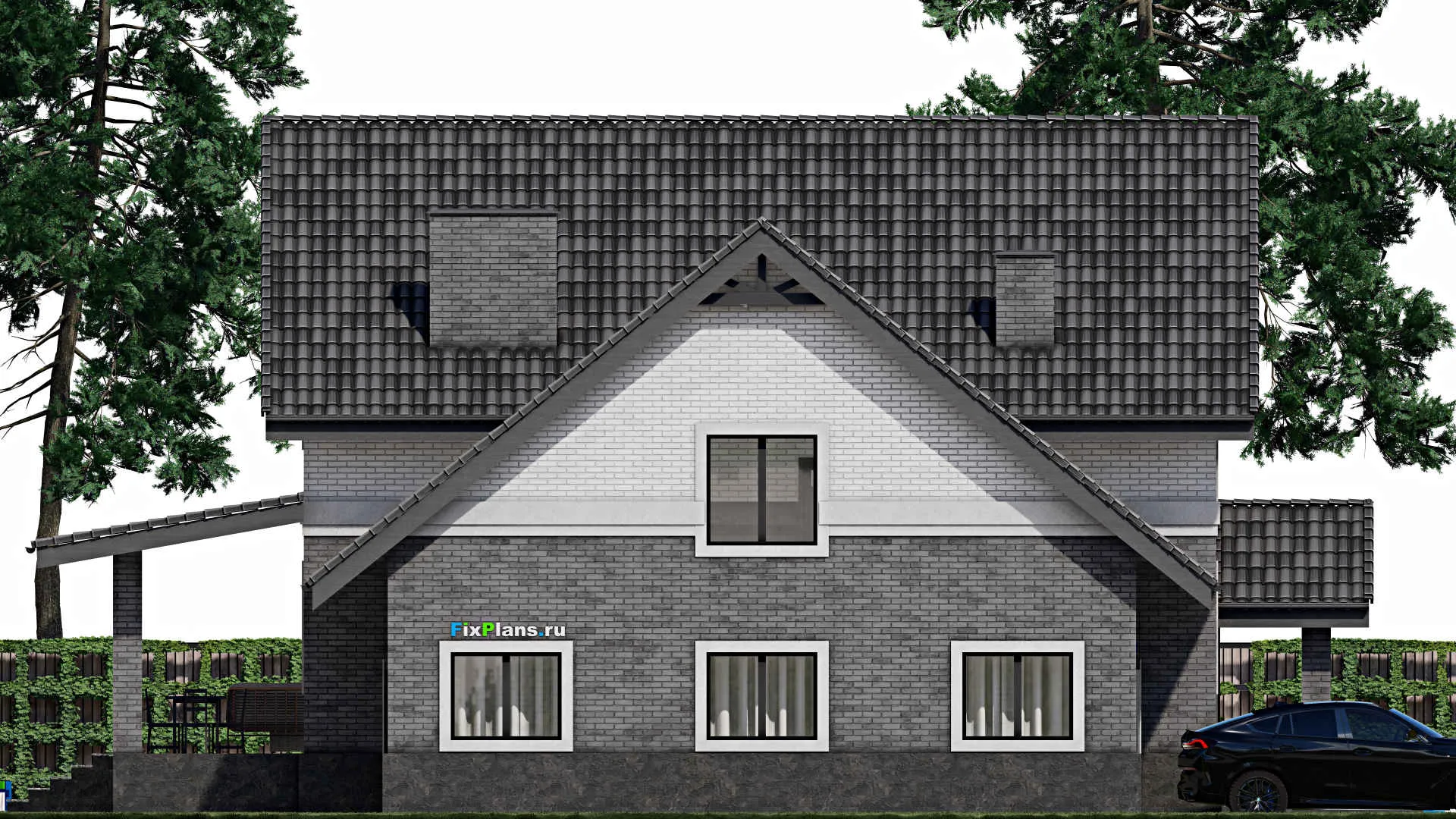 F-1385 - Планы дома с мансардой 12 на 15, площадью 330 м² с террасой, балконом, цокольным этажом, гаражом на 1 машину, спортзалом и 4 спальнями