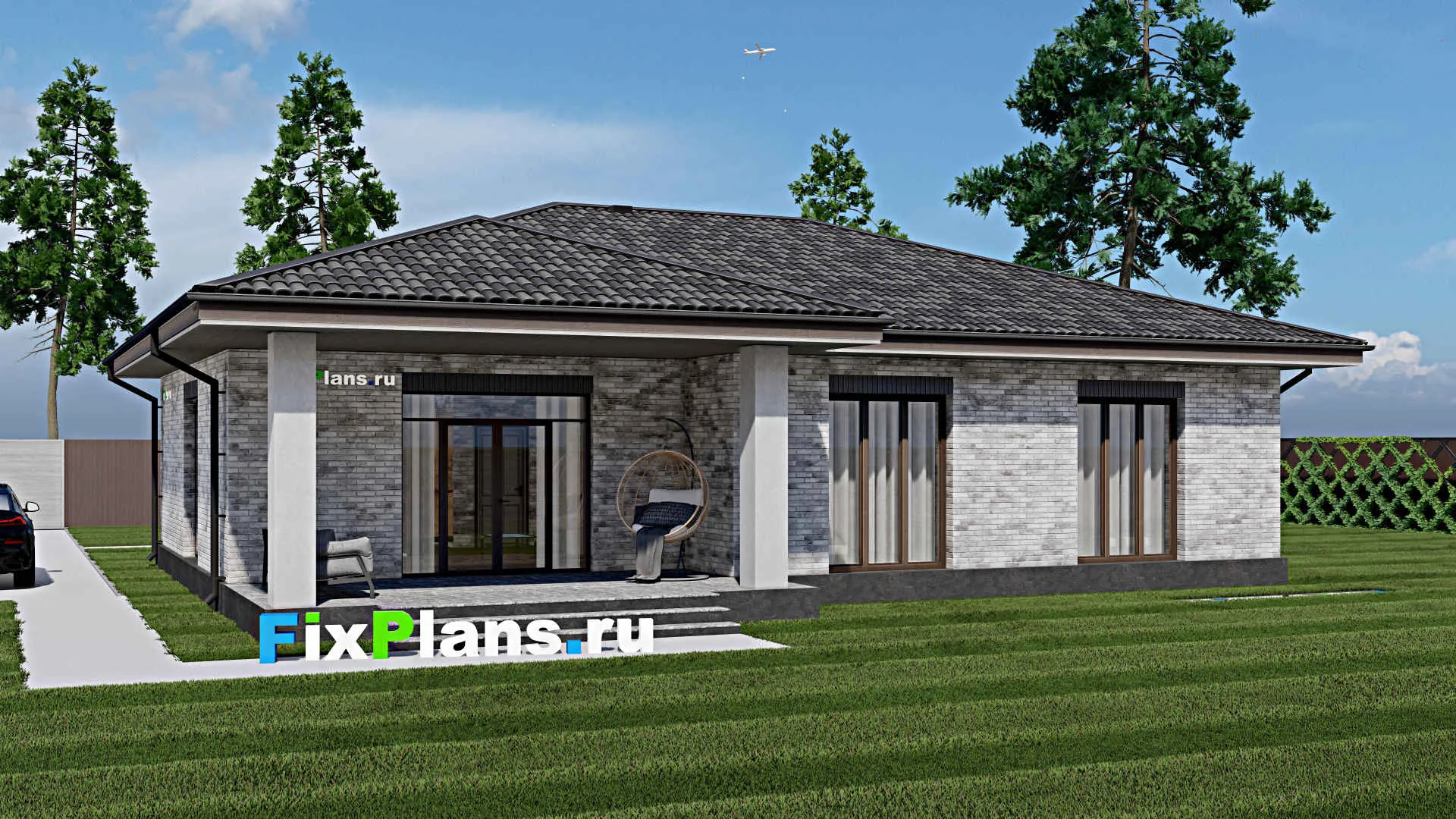 F-1286 - Проект одноэтажного дома 12 на 16, площадью 170 м² с террасой и 3 спальнями