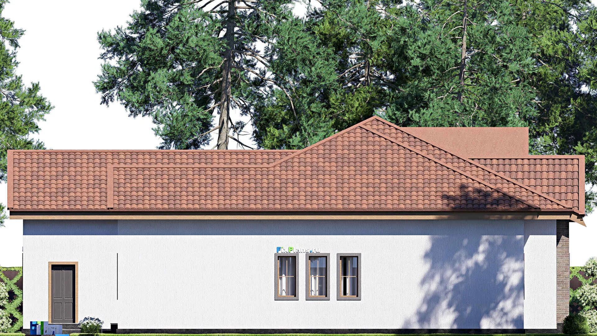 F-19871 - План одноэтажного дома 18 на 20, площадью 250 м² с террасой, гаражом на 2 машины и 3 спальнями