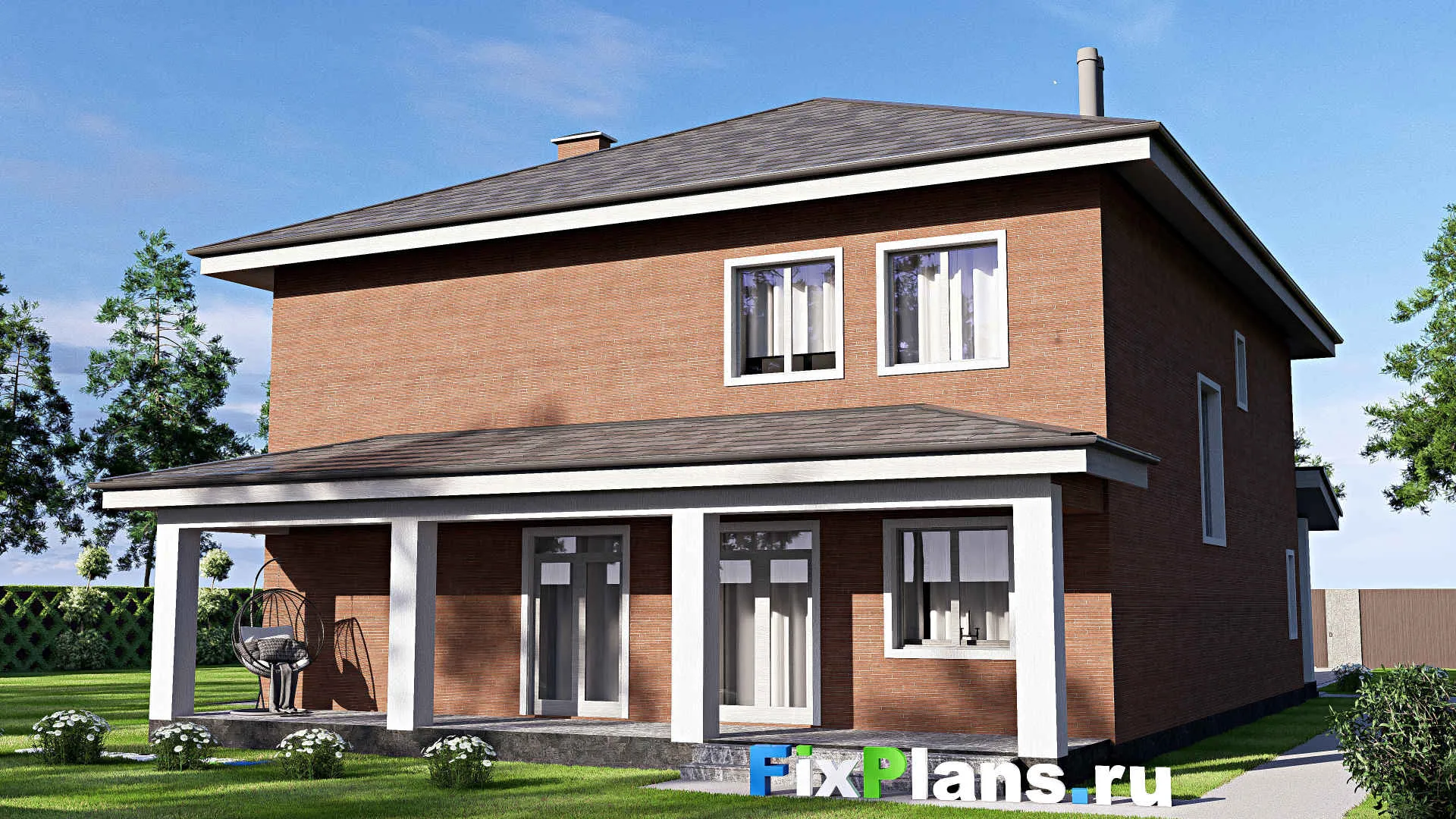 F-19709 - Проект двухэтажного дома 15 на 19, площадью 340 м² с террасой, балконом и 4 спальнями