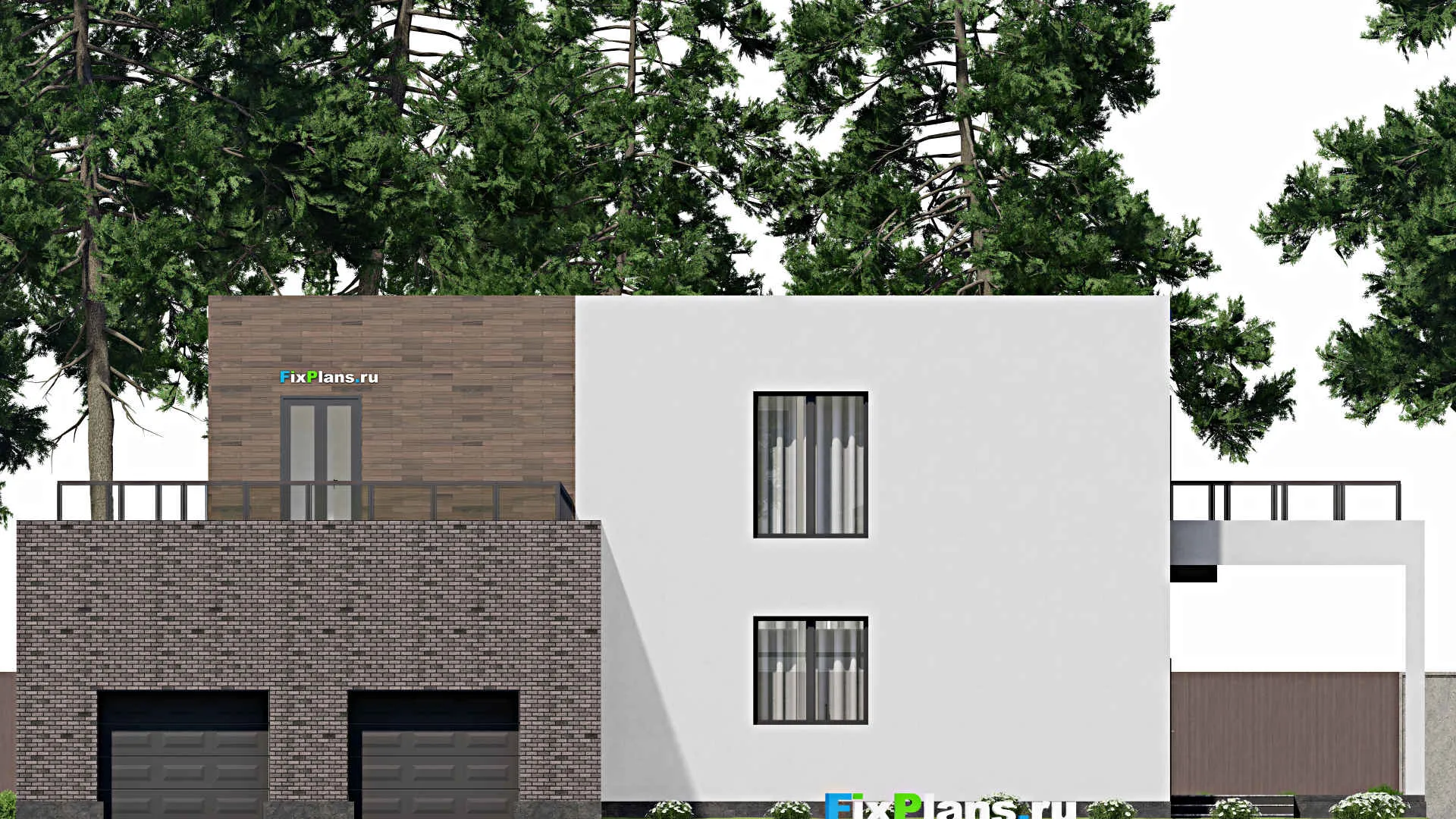 F-3572 - Проект двухэтажного дома 21 на 22, площадью 450 м² с террасой, баней, гаражом на 2 машины и 3 спальнями