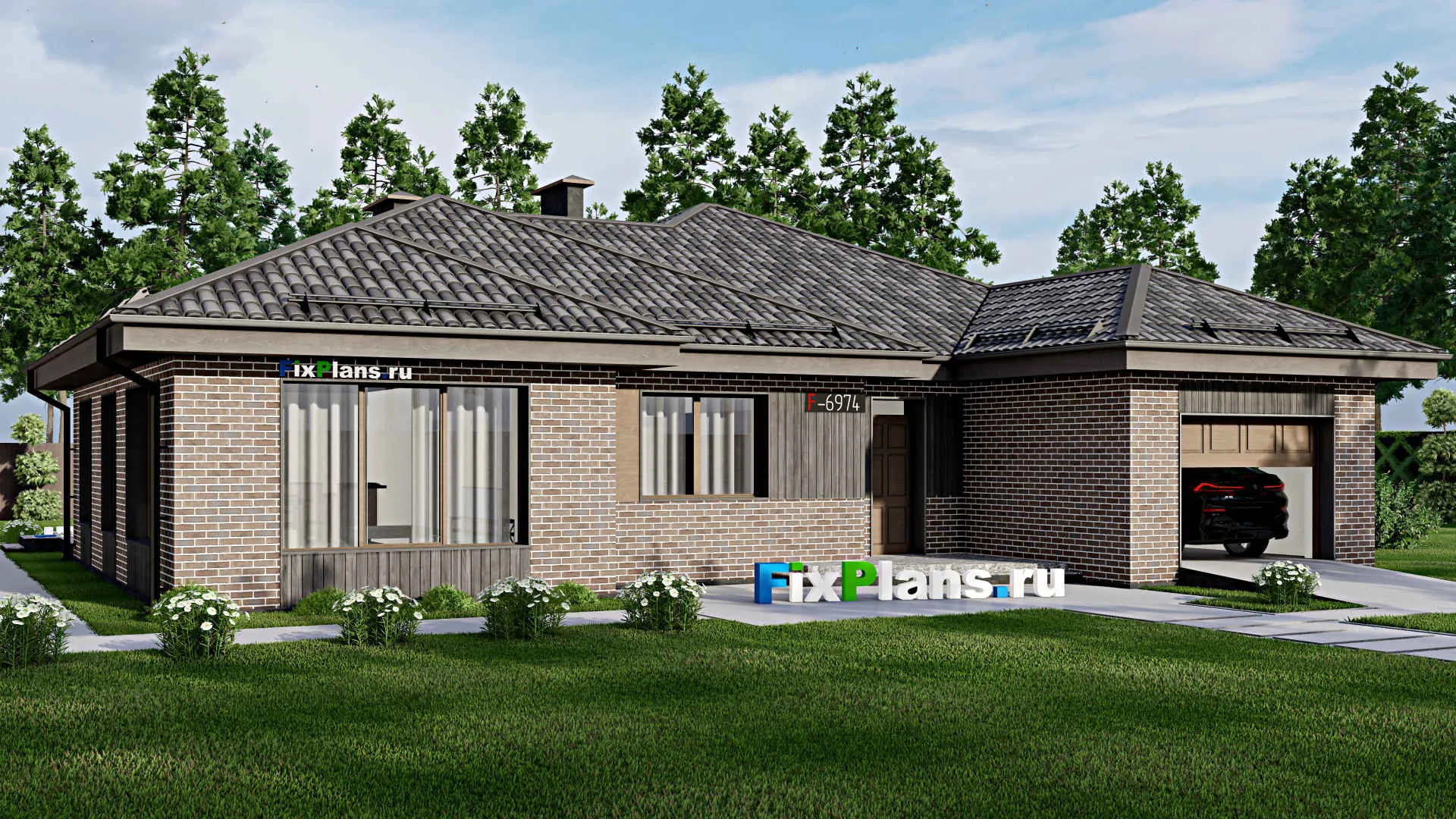F-6974 - Проект одноэтажного дома 17 на 17, площадью 200 м² с террасой, гаражом на 1 машину и 4 спальнями