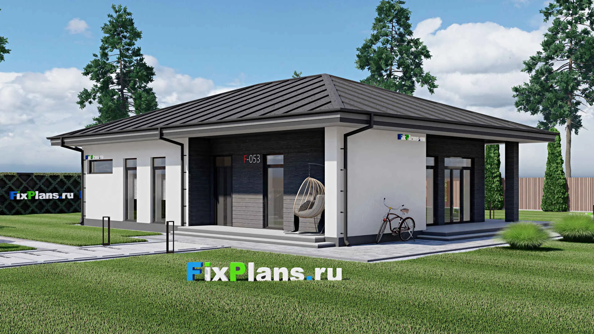 F-0053i - Проект одноэтажного дома 16 на 17, площадью 160 м² с террасой и 3 спальнями