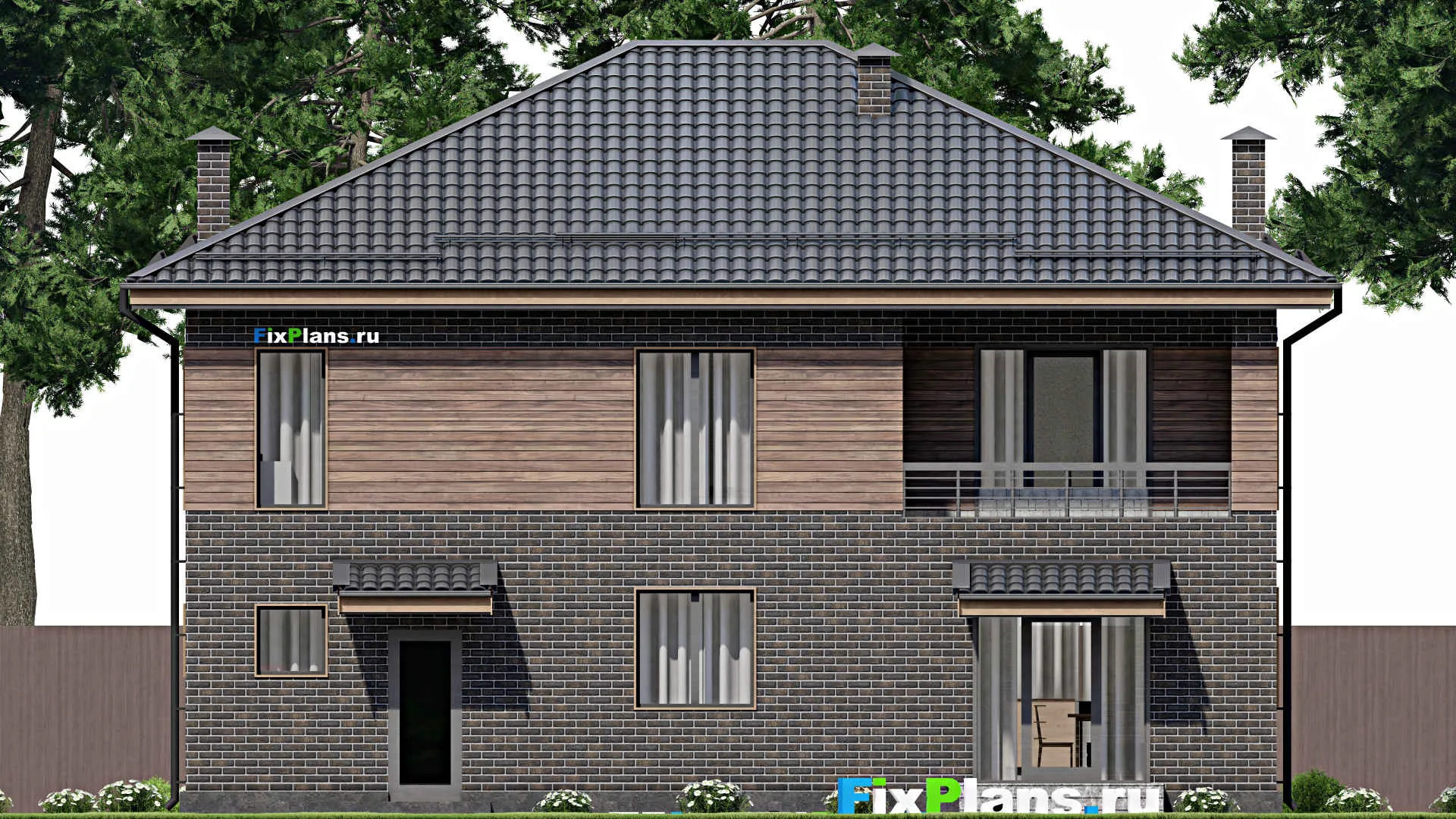 F-4742 - Планы двухэтажного дома 11 на 14, площадью 230 м² с балконом, гаражом на 1 машину и 4 спальнями