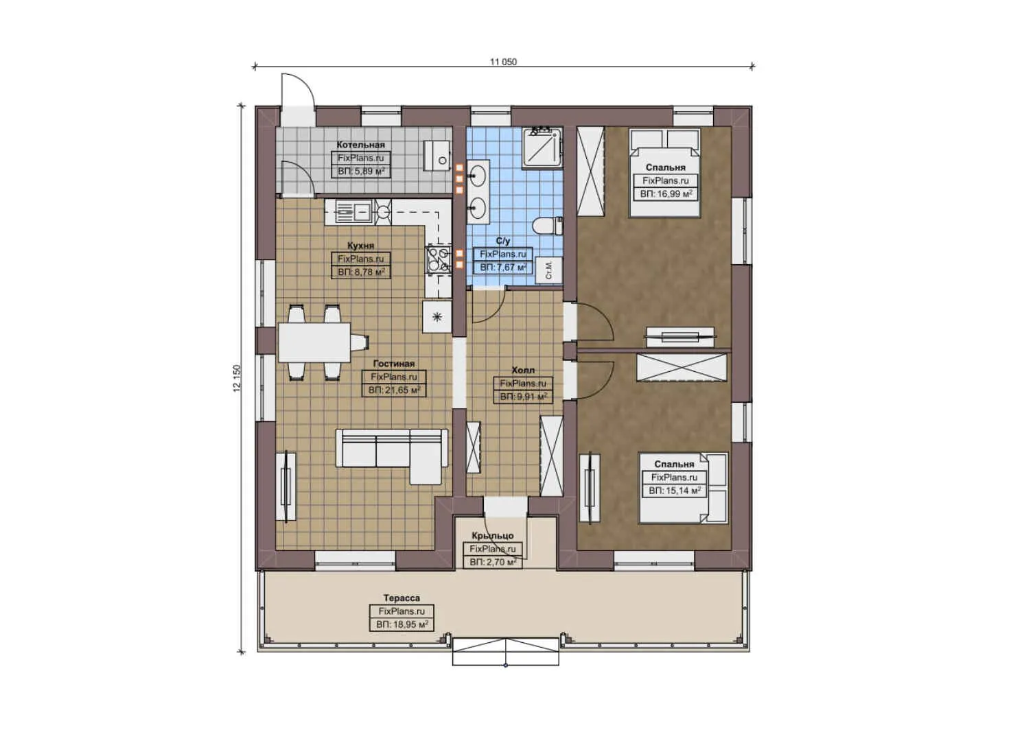F-10367 - План одноэтажного дома 12 на 13, площадью 110 м² с 2 спальнями