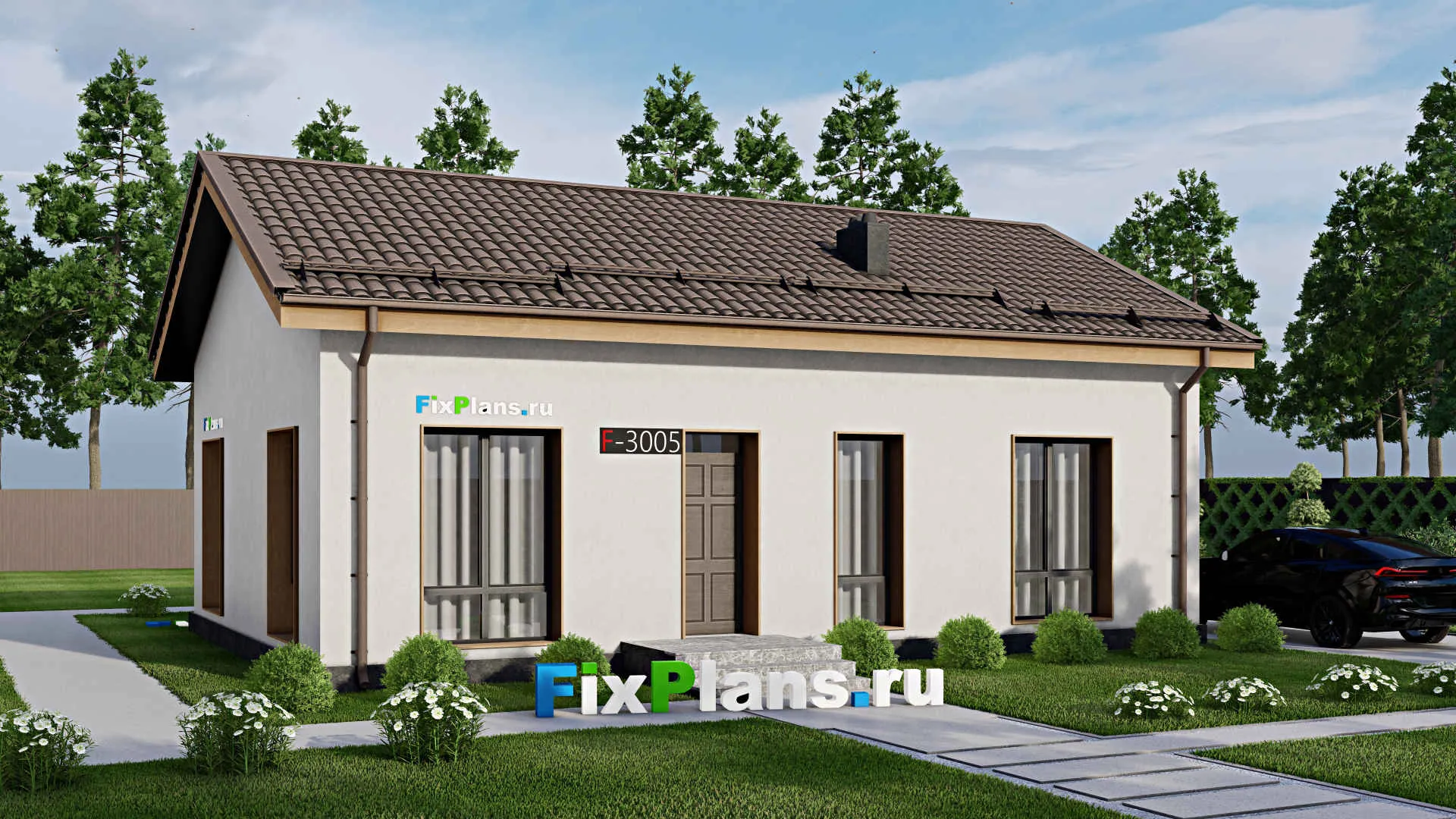 F-3005 - Проект одноэтажного дома 9 на 12, площадью 100 м² с террасой и 2 спальнями