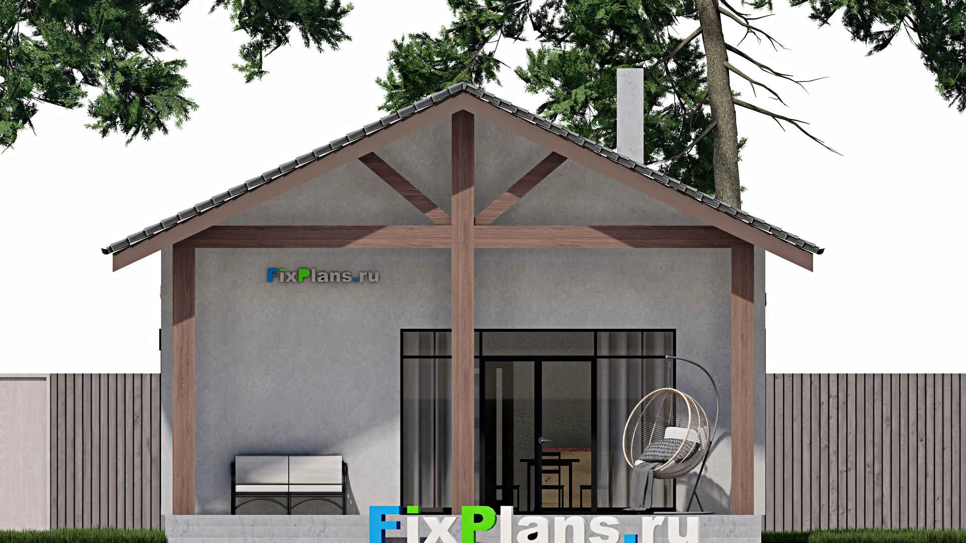 F-1016 - Проект одноэтажного дома 9 на 10, площадью 90 м² с террасой и 1 спальнями