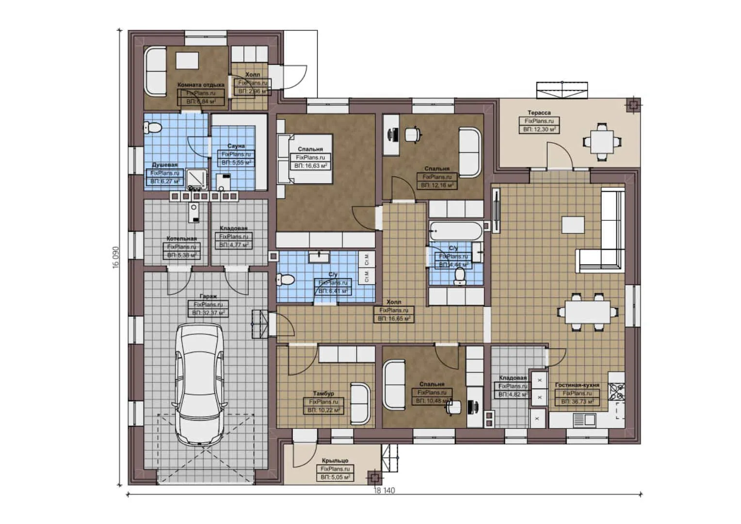 F-1205 - План одноэтажного дома 17 на 19, площадью 200 м² с террасой, баней, гаражом на 1 машину и 3 спальнями