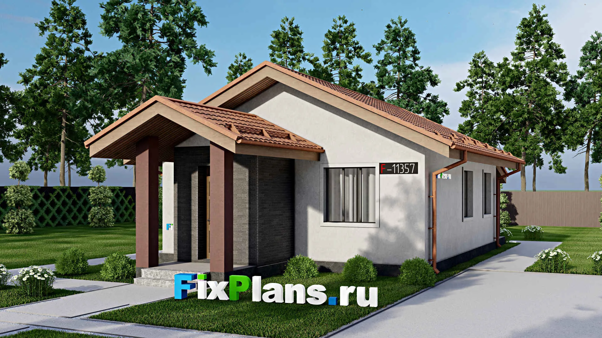 F-11357 - Проект одноэтажного дома 8 на 15, площадью 80 м² с террасой и 3 спальнями