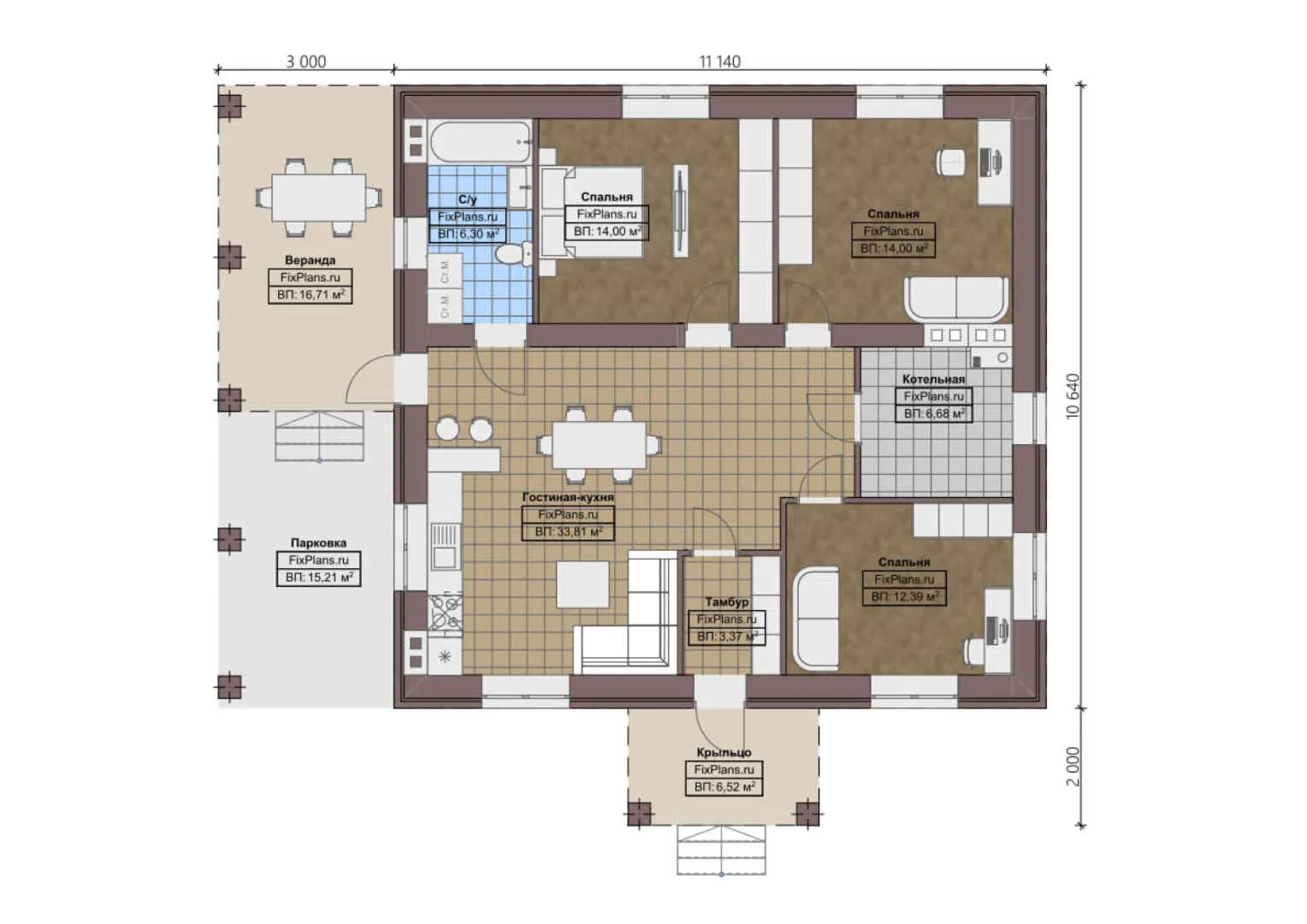 F-0251 - План одноэтажного дома 11 на 12, площадью 130 м² с террасой и 3 спальнями