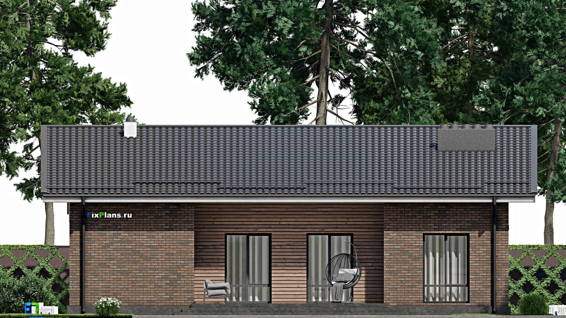 F-2591 - План одноэтажного дома 13 на 15, площадью 160 м² с террасой и 3 спальнями