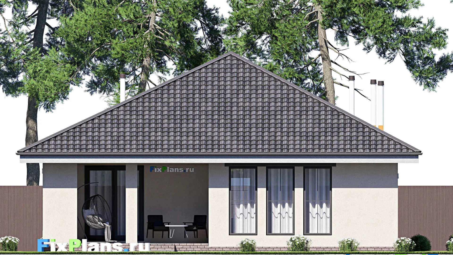 F-20438 - Проект одноэтажного дома 13 на 20, площадью 200 м² с террасой, гаражом на 1 машину и 3 спальнями