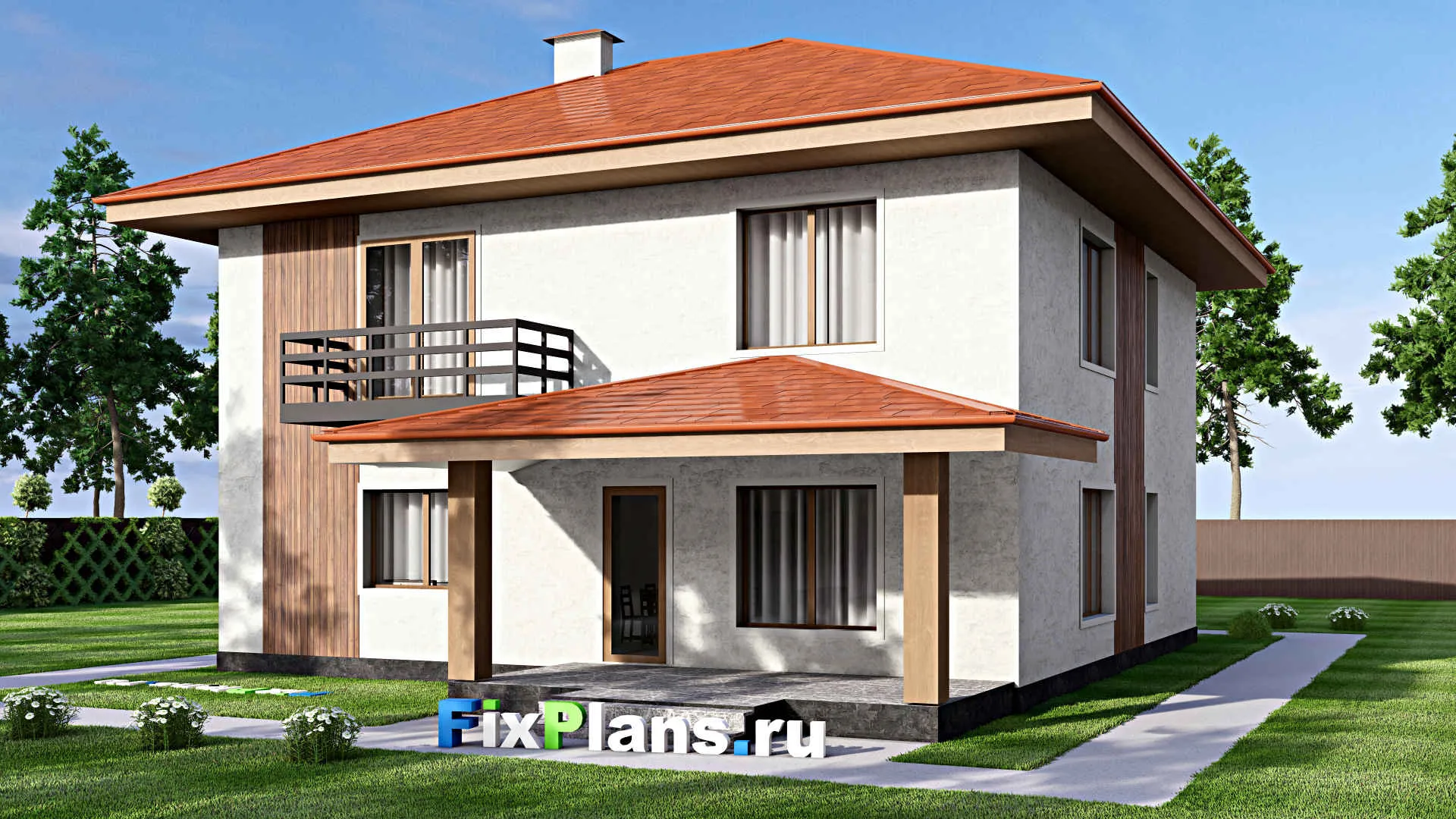 F-13859 - Проект двухэтажного дома 13 на 18, площадью 290 м² с террасой, балконом и 4 спальнями