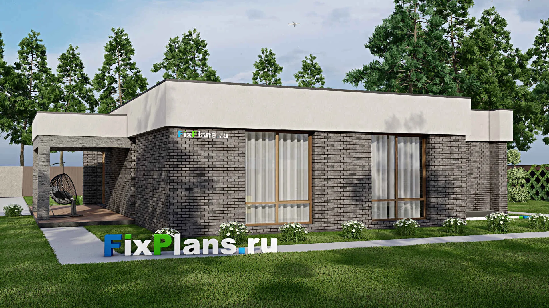 F-3536 - План одноэтажного дома 17 на 17, площадью 210 м² с террасой и 3 спальнями