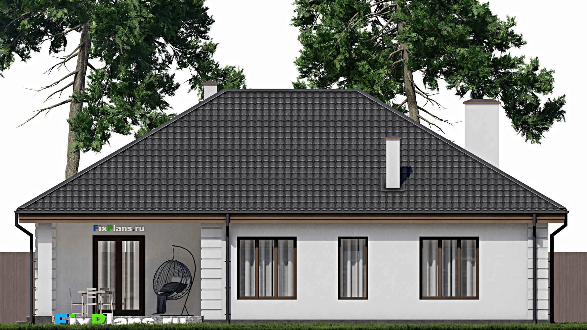 F-1673 - Проект одноэтажного дома 16 на 18, площадью 190 м² с террасой, гаражом на 1 машину и 3 спальнями