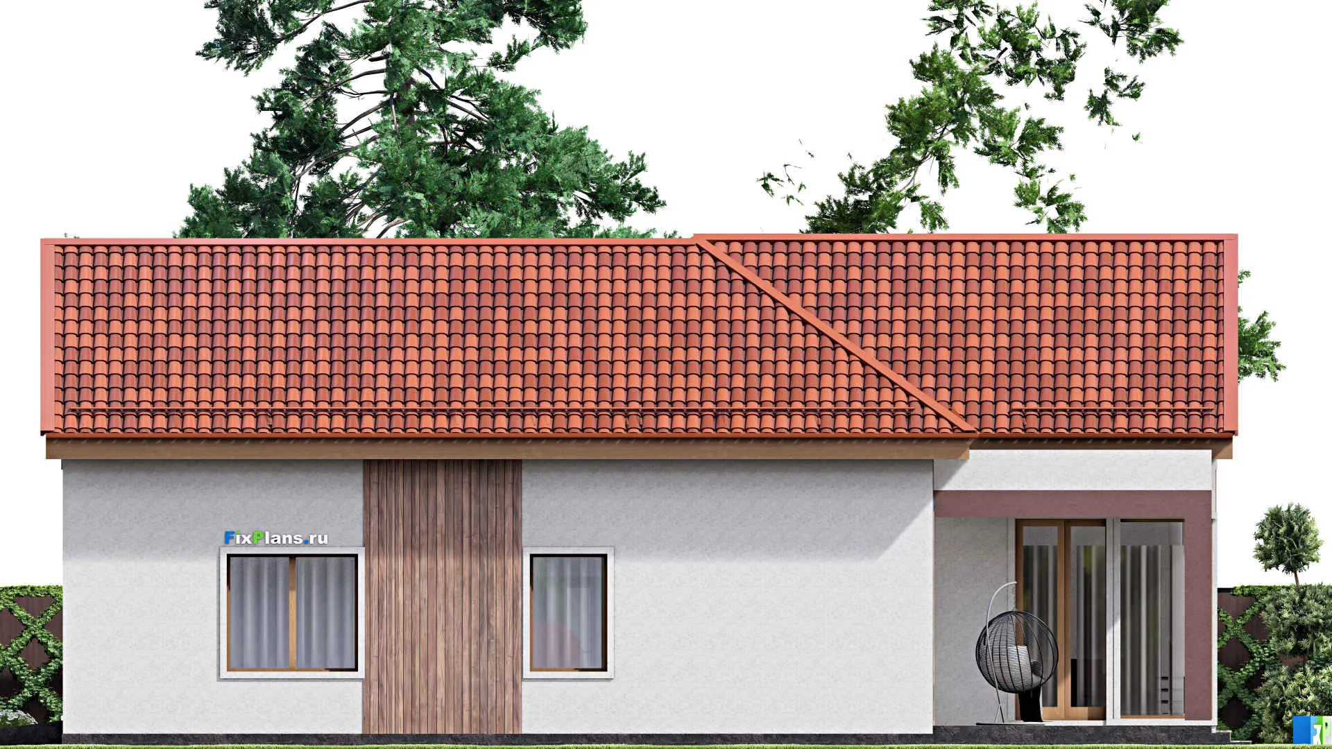 F-16244 - План одноэтажного дома 16 на 18, площадью 320 м² с террасой, гаражом на 1 машину и 3 спальнями